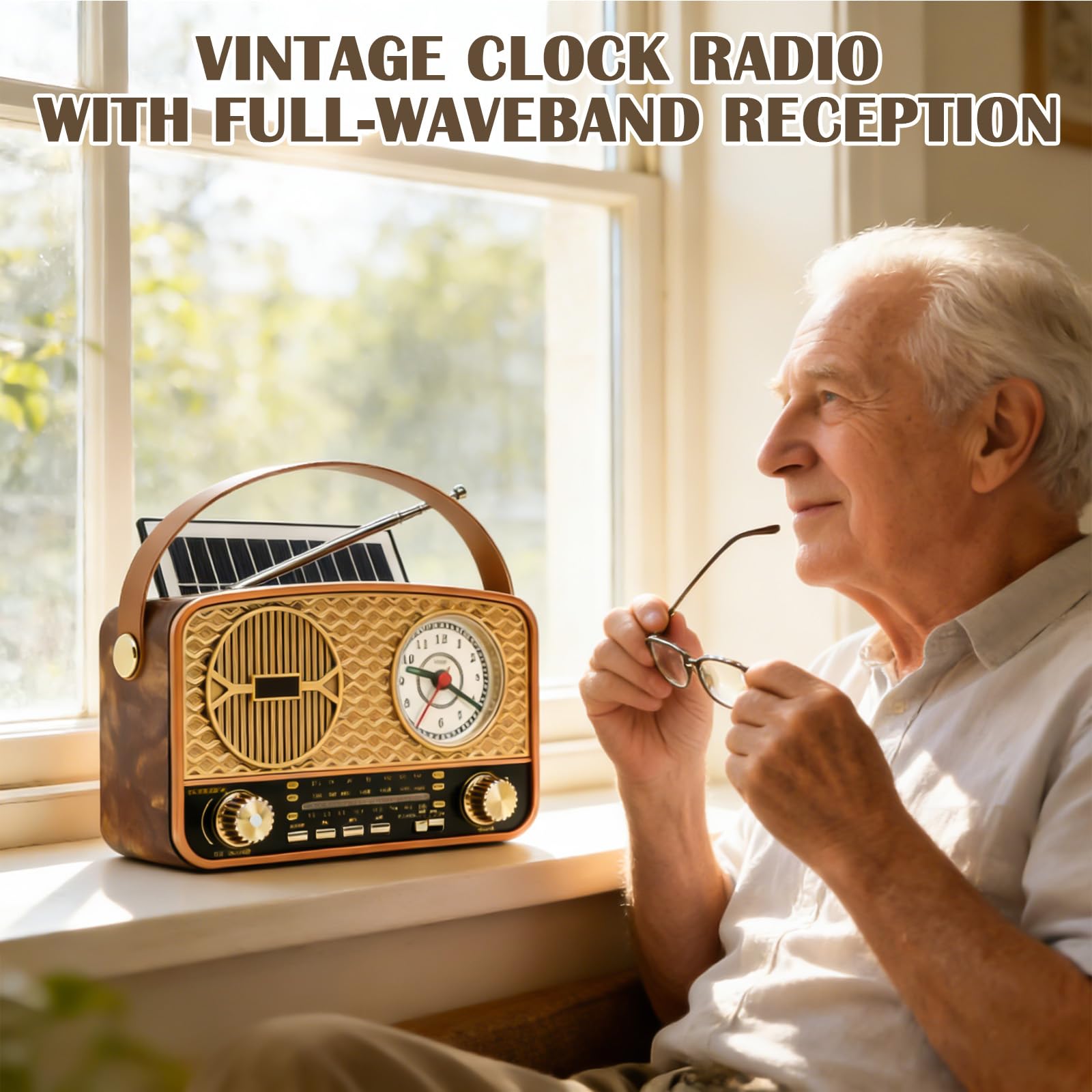 Solar Retro Radio AM/FM/SW, Retro Radio Mit Bluetooth, Vintage Kofferradio Mit Stromkabel, Wiederaufladbare Batterien, Mit Uhrfunktion, Mit USB/TF/AUX Funktion, Für Büro Küche Wandern Camping