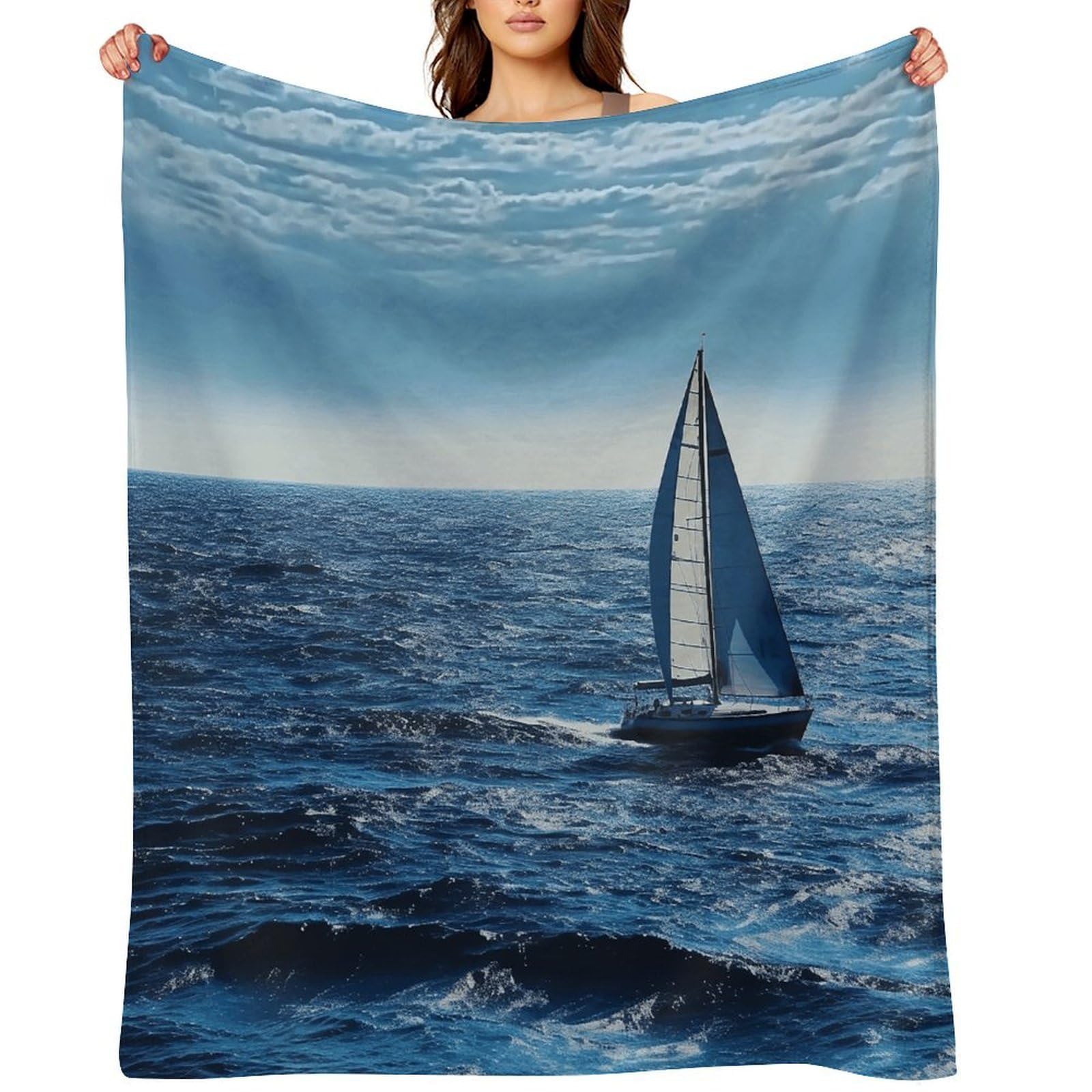 Blue Sea Sailboat Throw Blanket for Couch and Bed Super Soft Warm Lightweight Throw Blankets Cozy Fuzzy Flannel Blanket Personalized Decorative Blankets for Sofa Decor 60"x80"