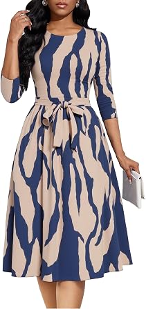 Casual Dresses for Women Midi Church A-Line Fit and Flare Dress Crewneck 3/4 Sleeve Party Dress