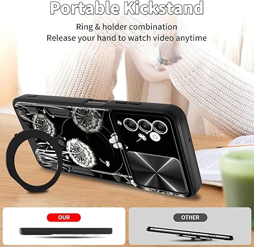 Vista 184 de Funda para Samsung Galaxy A13 5G con cubierta deslizante para lente de cámara y anillo giratorio de 360 grados, soporte híbrido de doble capa Flores