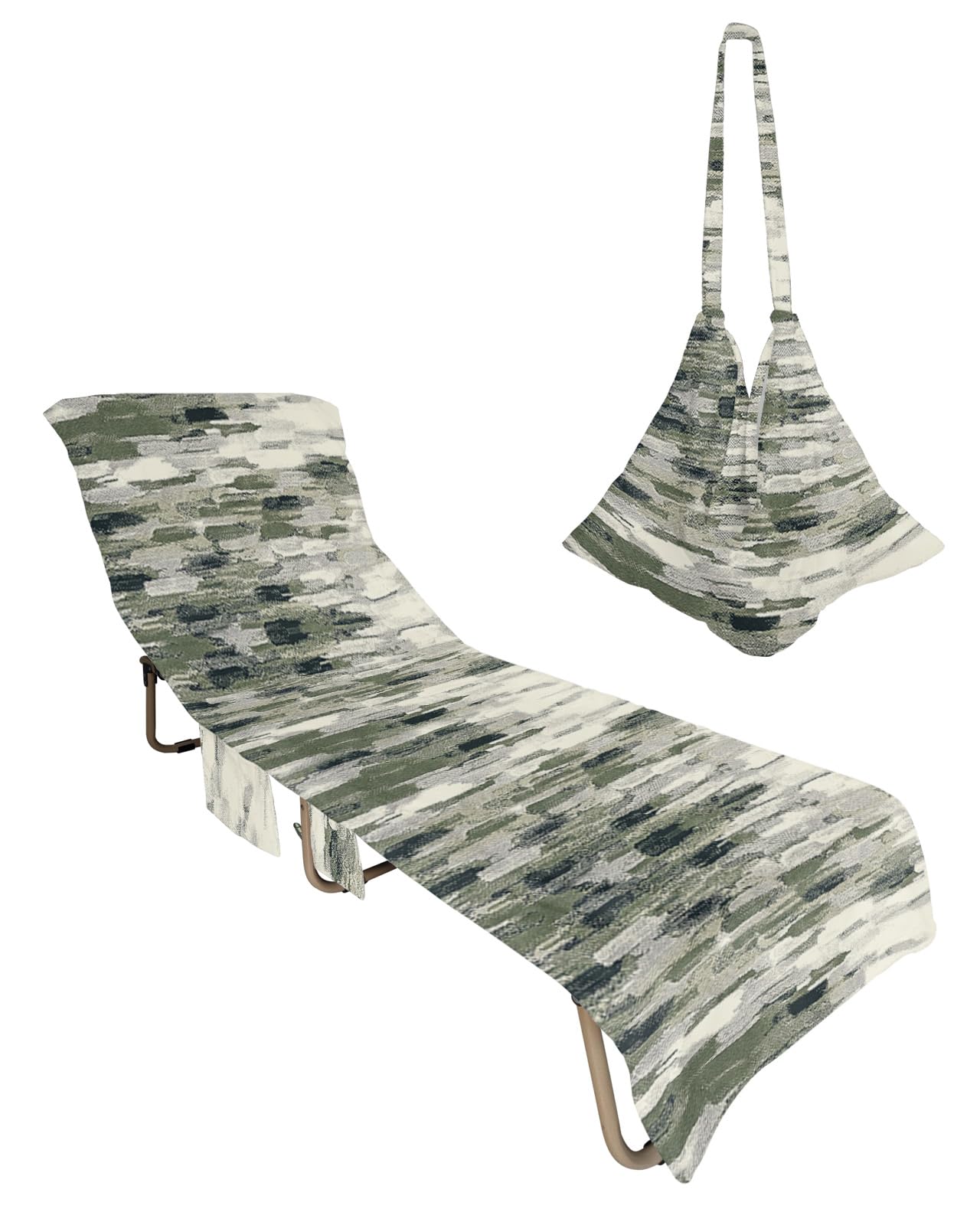 Dark Green Beige Ombre Beach Lounge Chair Towel Cover, Soft Chaise Lounge Towel with Side Pockets Patio Pool Chairs Cover for Beach/Pool Sunbathing 29x85 Modern Oil Painting Abstract Art Aesthetics