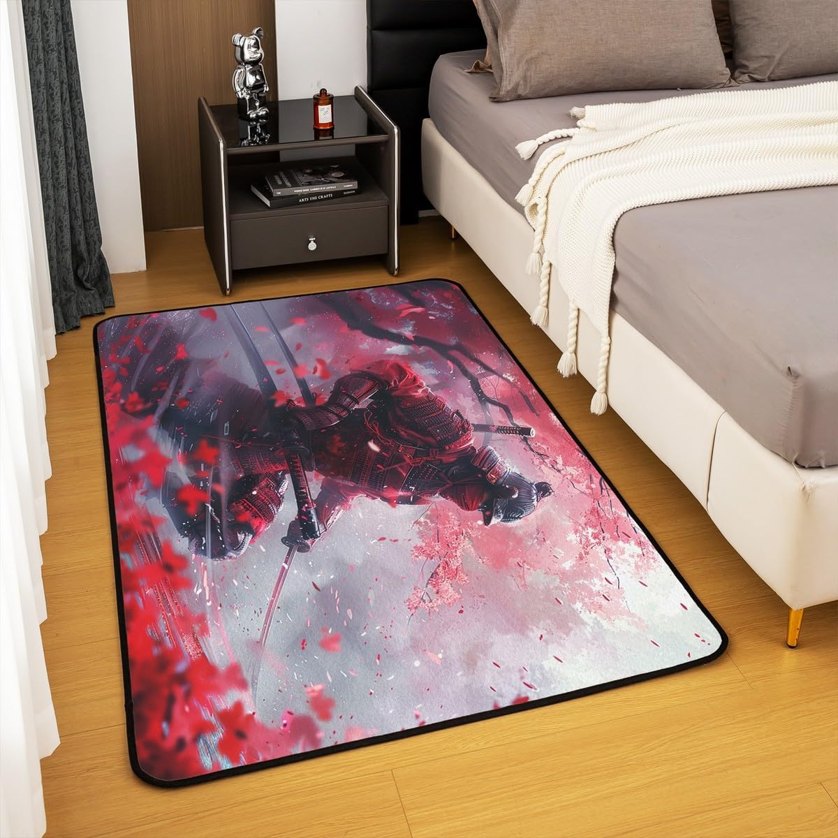Erosebridal Japanese Samurai Area Rug 5x7, Japanese Style Sakura Trees Non Slip Carpet, Cherry Trees Blossom Indoor Floor Mat, Red Black Bushido Petals Decorative Accent Rug for Living Room