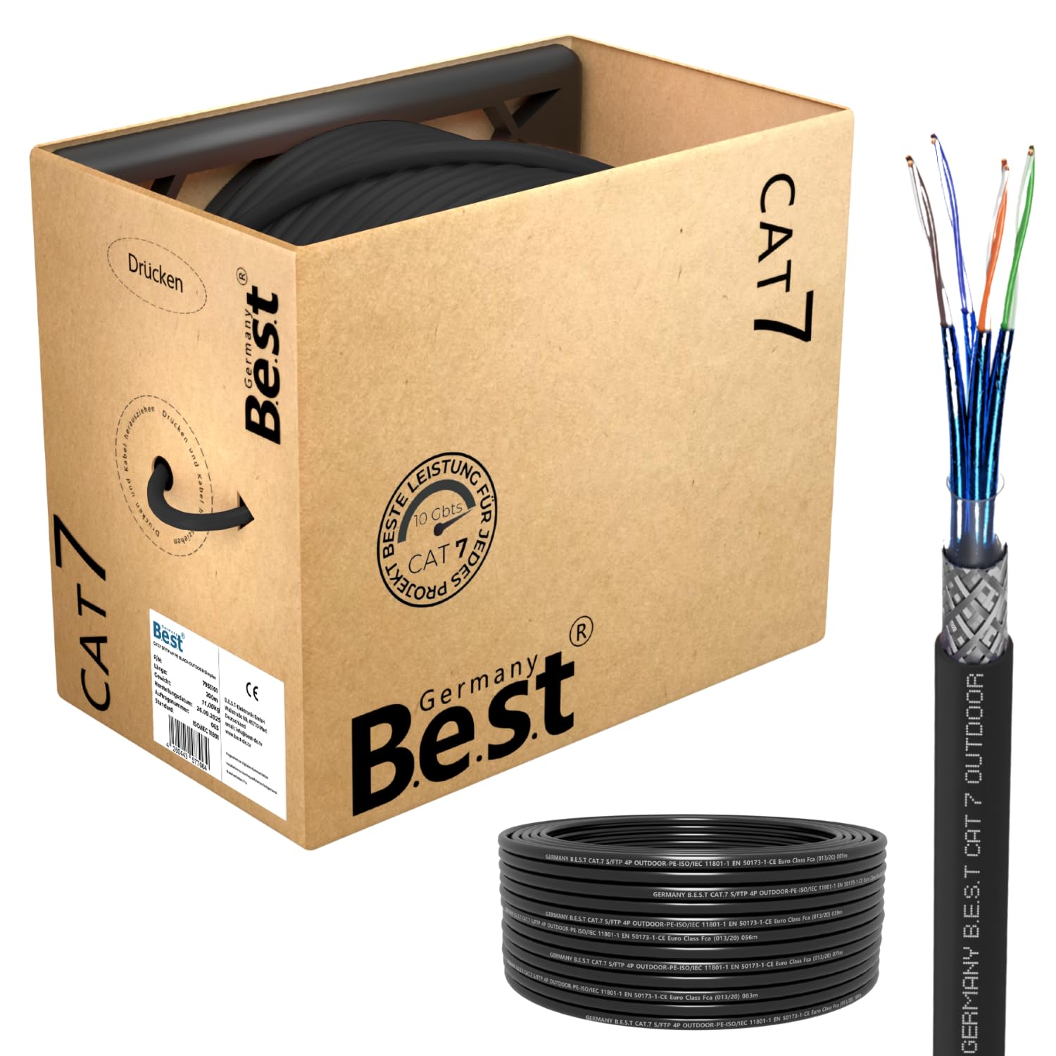 Germany B.e.s.t Cavo di rete CAT 7, 200 m, Simplex, cavo di rete per esterni, LAN, cavo Ethernet, S/FTP, 10 Gbps, catat 7, in puro rame PoE+ LSZH