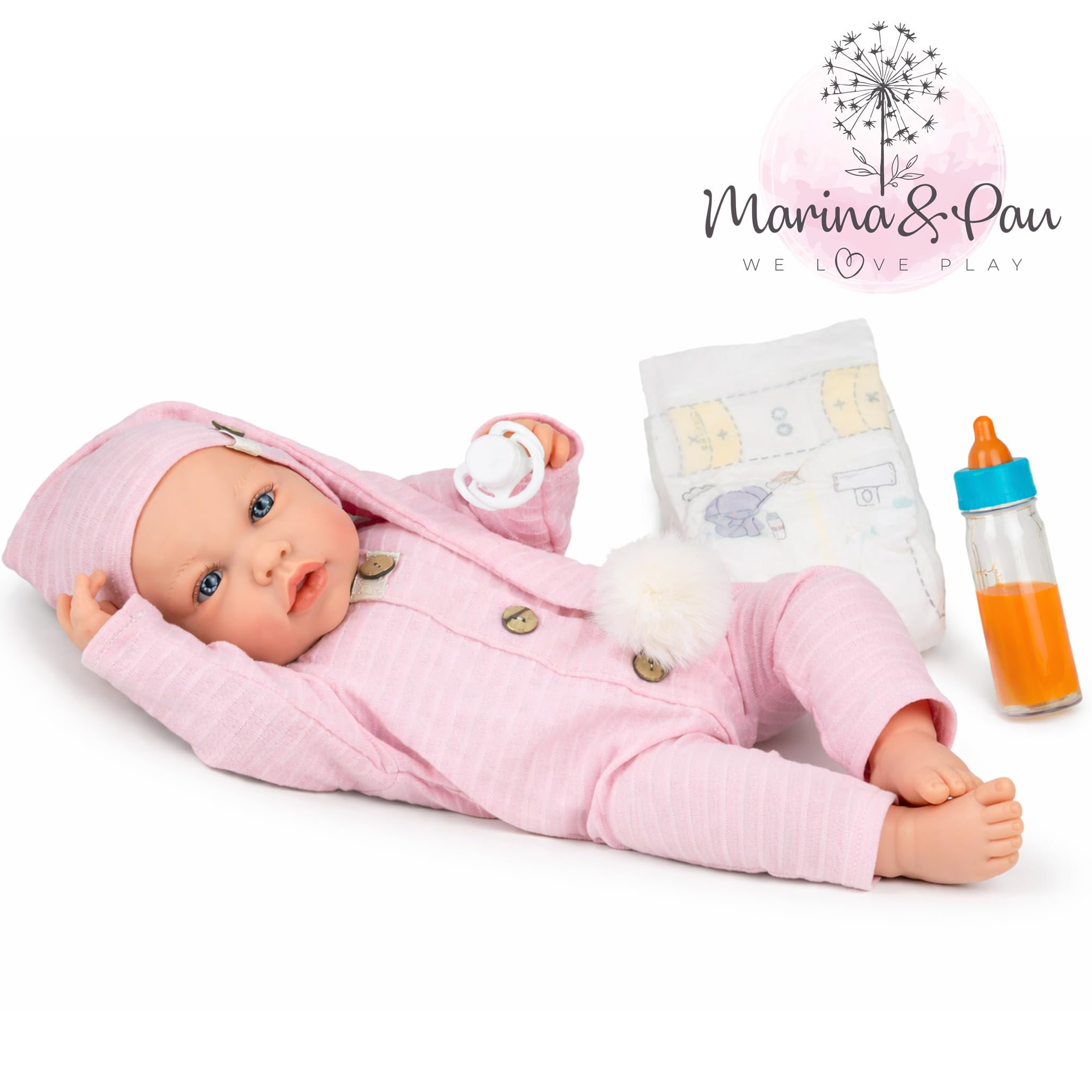 Marina & Pau Lia Lia lalka niemowlęca 45 cm, z miękkim ciałem – miękka lalka do zabawy ze smoczkiem, butelką i pieluchą, dla dzieci (rozm. 45 cm)