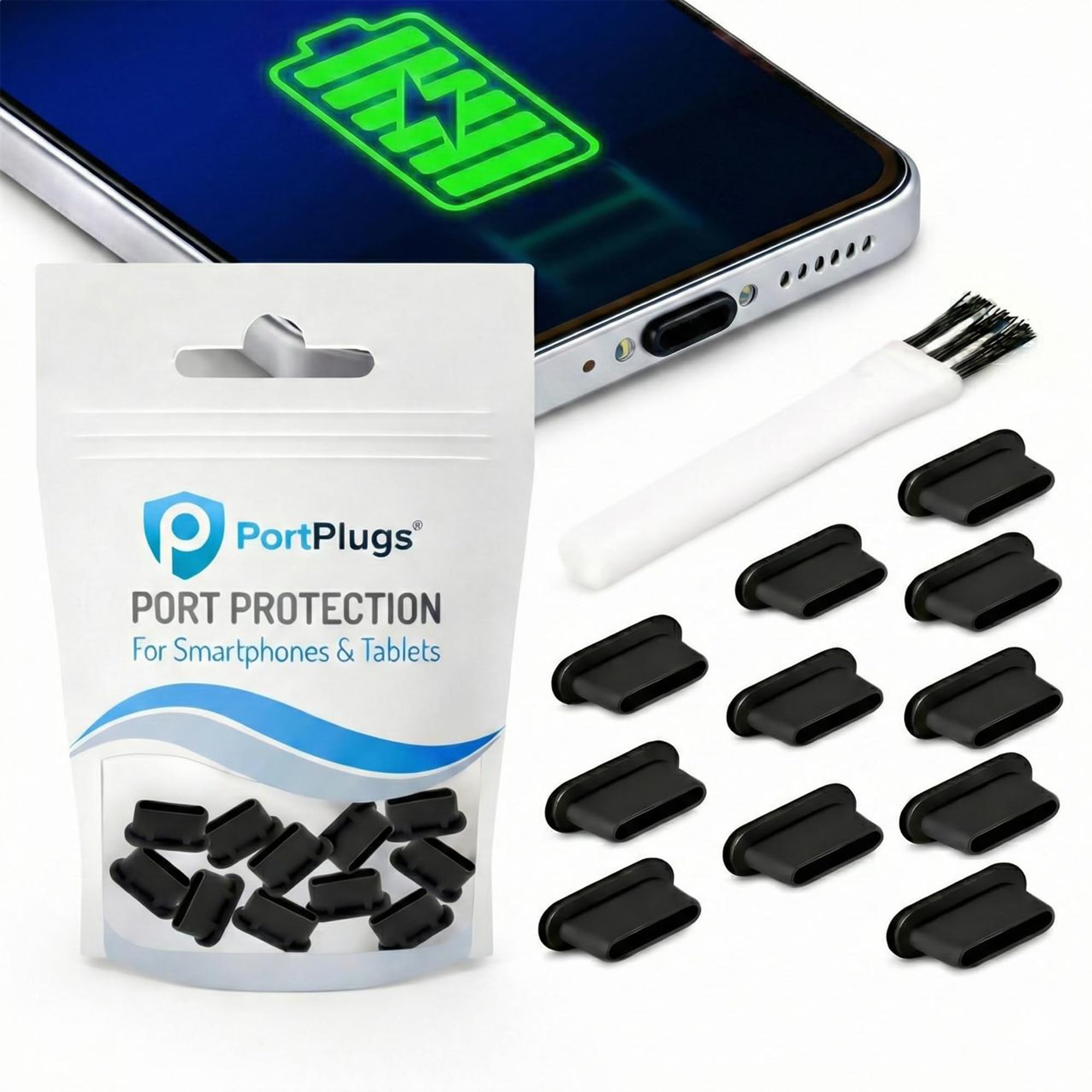 PortPlugs USB C Dust Plugs Keep Charging Ports Clean for iPhone 15 16 17, Kindle, Samsung, Pixel, MacBook and Android Devices | 10 Pack Port Cover Set with Cleaning Brush (Black)