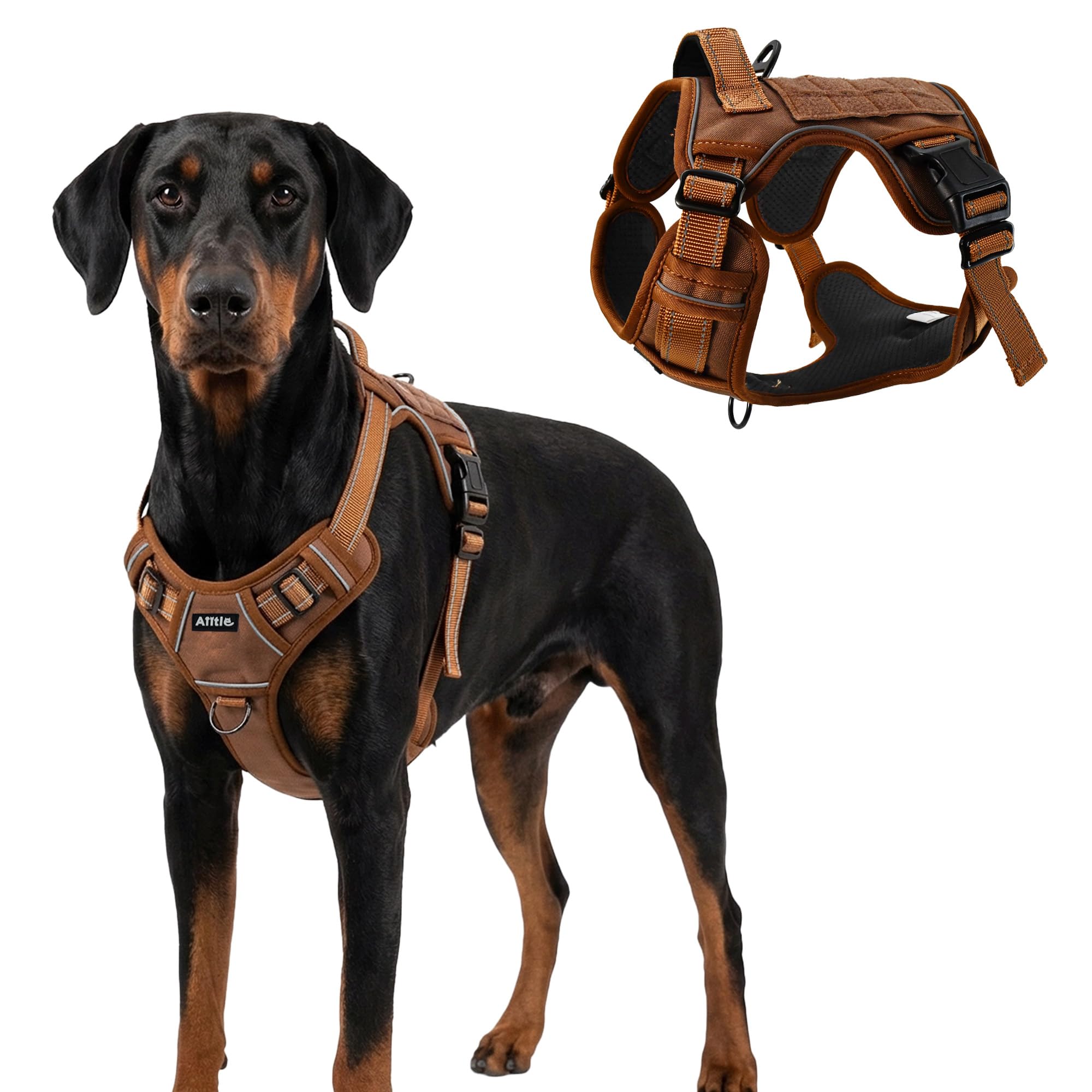 AIITLE Tactical Dog Harness for Medium Dogs, No Pull Tactical Service Vest with Handle & PALS Webbing, Adjustable Reflective No-Choke Design, Dual Metal Leash Clips for Training Walking, Brown, S