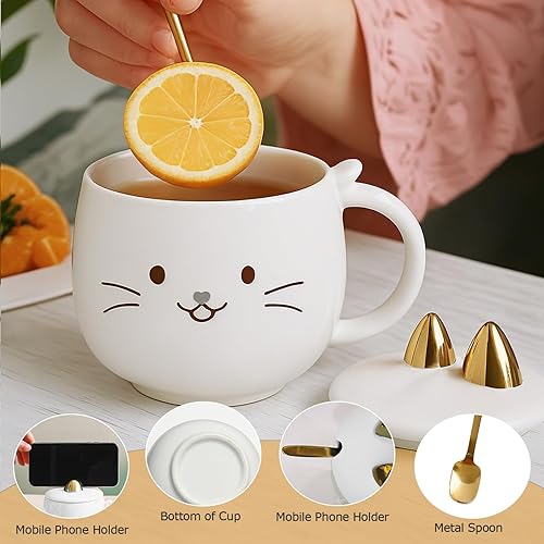 Miniatura 6 de Yuwu Taza de café de cerámica con cuchara y tapa, taza de 13.5 onzas con tapa de soporte para teléfono, bonita taza de té para mujeres y entusiastas