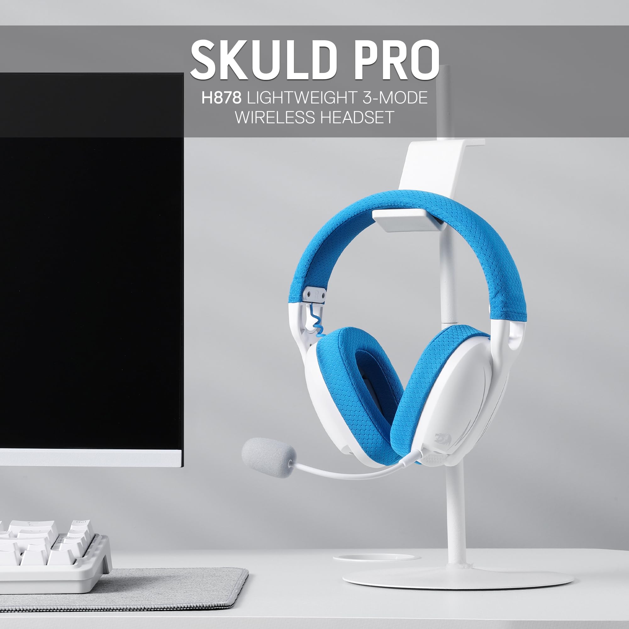 Redragon H878 Cuffie da Gioco Wireless a 3 Modalità con Retroilluminazione Blu - Leggere - Suono Surround 7.1 - Driver da 40MM - Microfono Rimovibile Multi Piattaforme per PC, PS5/4/3, Switch, Mobile