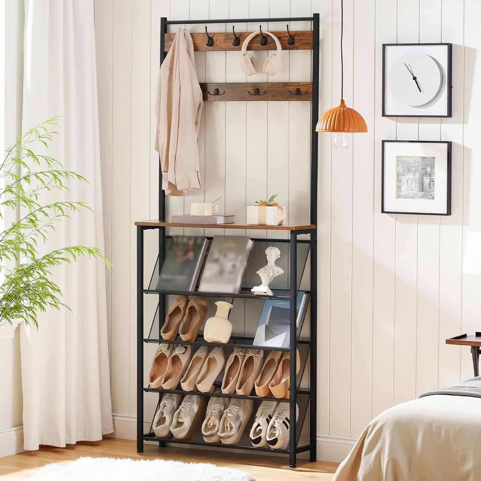 HOOBRO Meuble d’Entrée Étroit de 20 cm avec Rangement à Chaussures et Crochets, Porte-Manteau Multifonctionnel, pour Couloir, Entrée, Derrière la Porte, Marron Rustique et Noir EBF20MT01