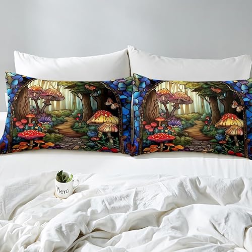 Miniatura 5 de Manfei Jungle Mushroom Bed Sheet Set for Kids Boys Teens Adults Adults,Fern Plants Botanical Fitted Sheet King,Natural Wild Fungus Bedding Sheet Set