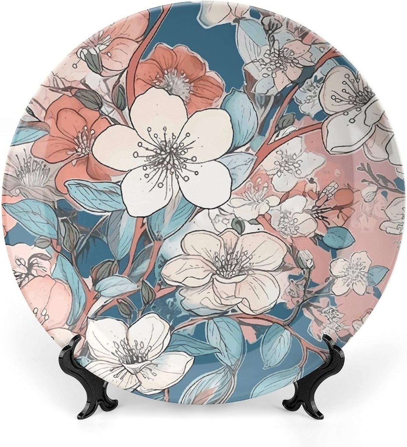 Peach Leafed Flower Ceramic Plate 10inch Decorative Bone China Wall Hanging Ornament Plates Bohemian Style Dinner Plate with Display Stand Cabinet Display Plates for Home Art Decor