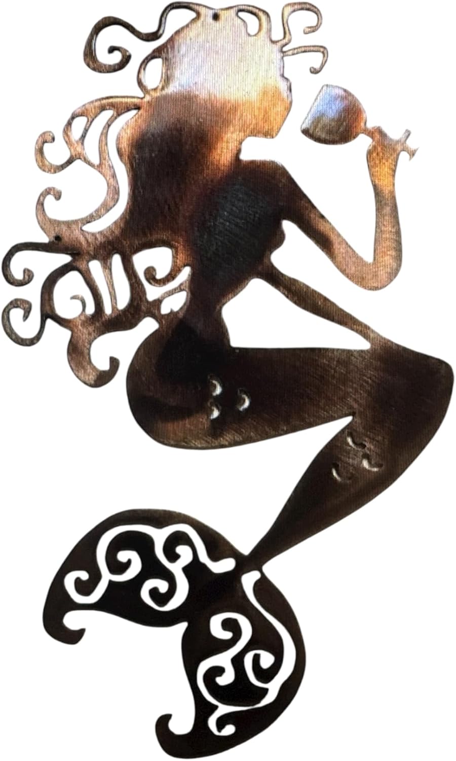 Sitting Mermaid Sipping Wine - Metal Wall Art - (30" tall, Right Facing, Blue Tinged)