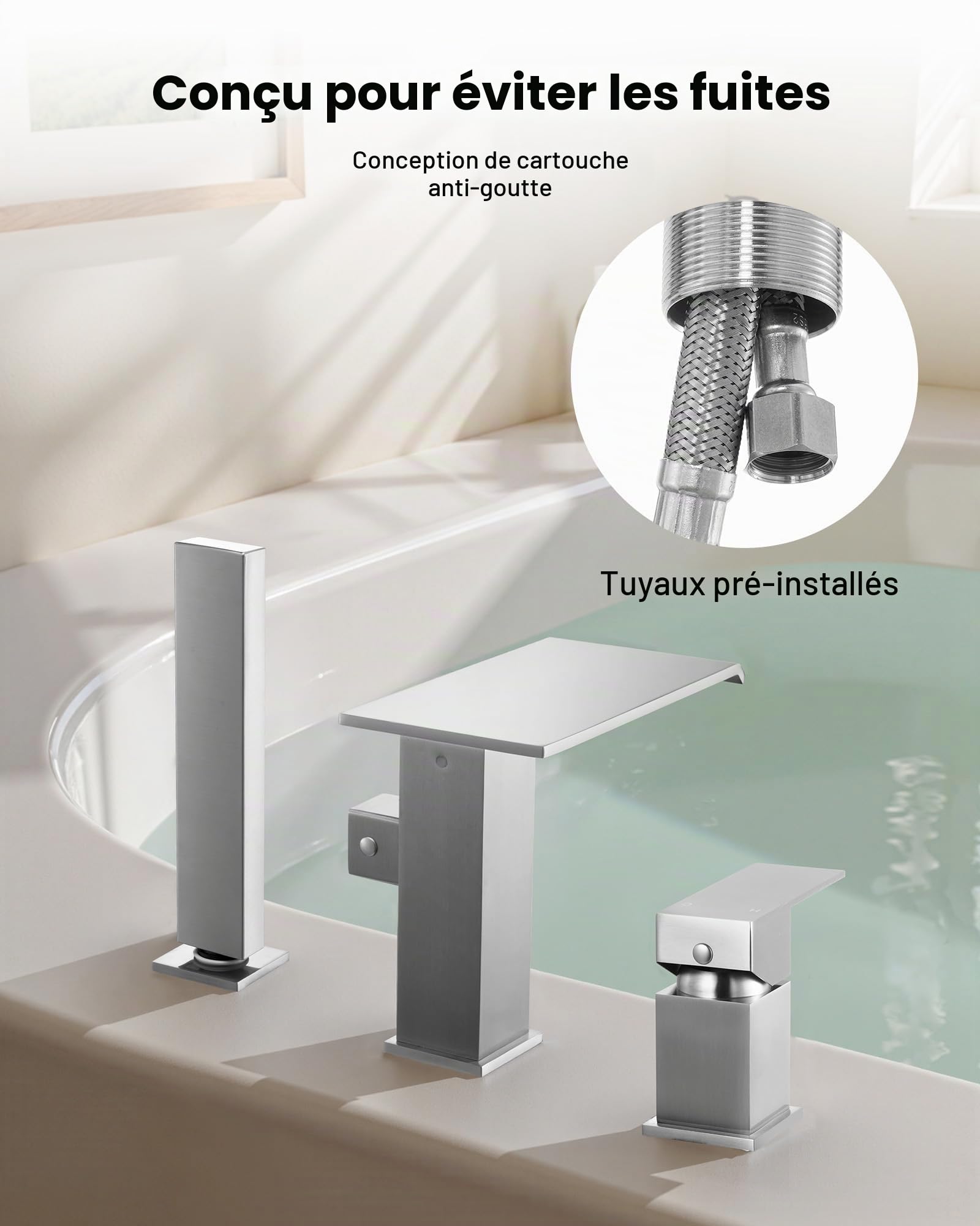 VEVOR Mitigeur de Baignoire Romaine, Robinet de Bain 3 Trous, Cascade, avec Pommeau de Douche et 1 Poignée, en Acier Inoxydable Brossé, à Large Ouverture, pour Lavage des Animaux, Salle de Bains