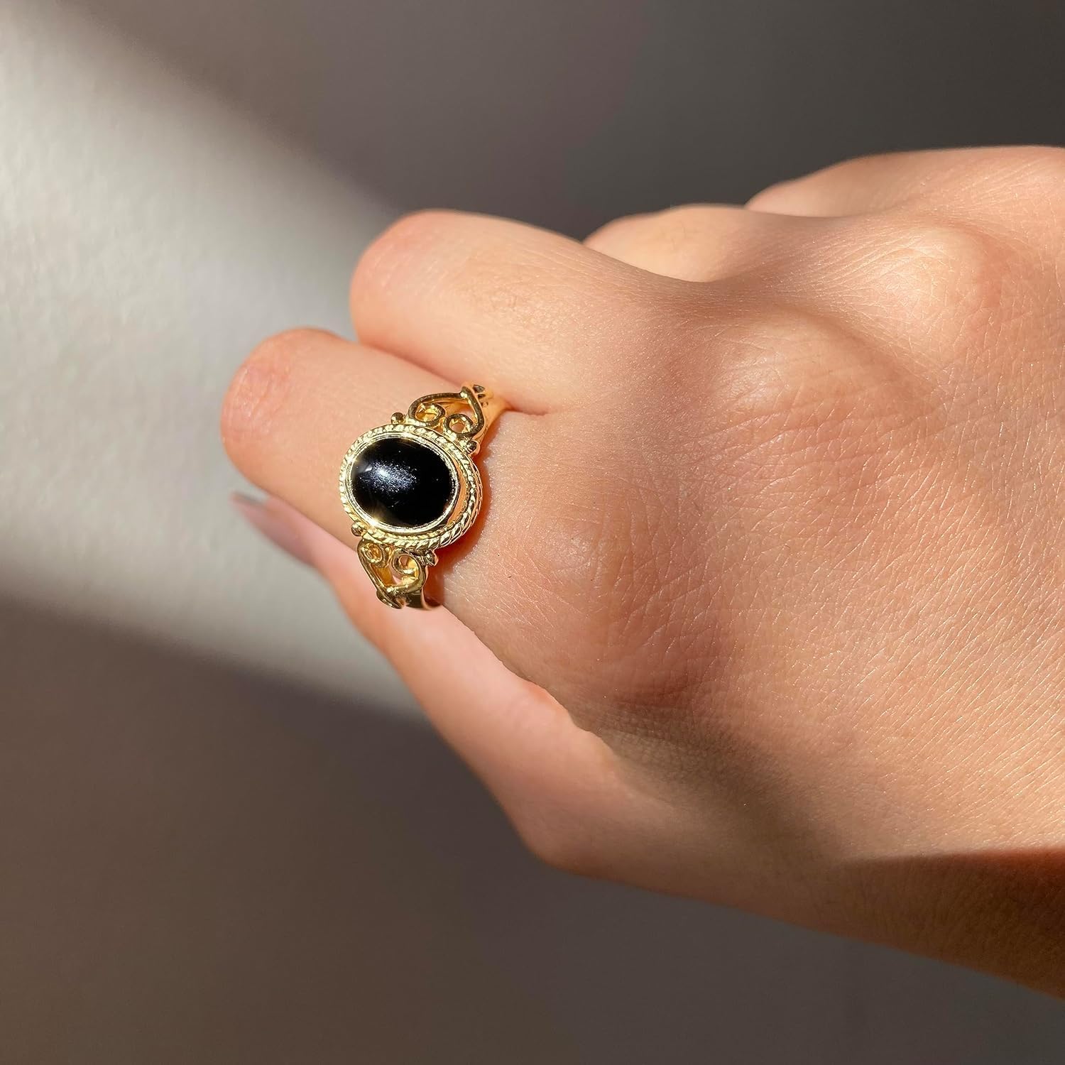 Gold Plated Natural Black Onyx Ring for Women