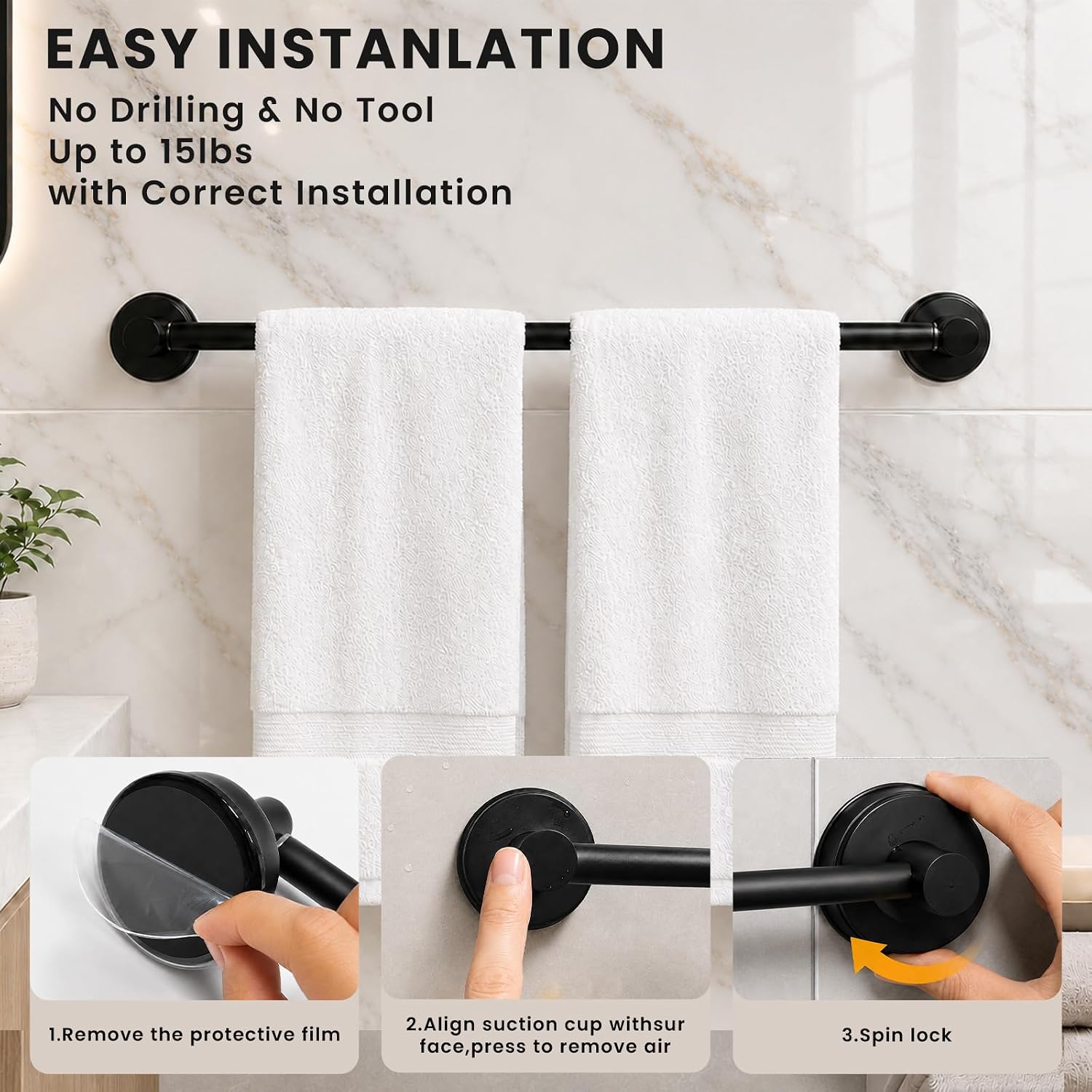 No Drill Towel Rack, Adjustable Shower Rack Matte Black image 4