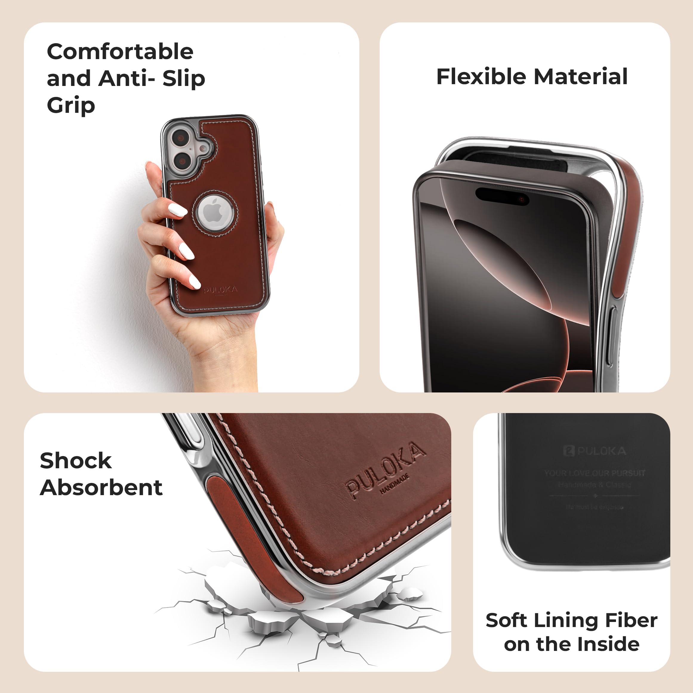 PULOKA Chrome Leather Back Case - Compatible with iPhone 17 - Premium Bumper Case - Flexible Vegan Leather - Electroplated Sides & Logocut - Full Camera Protection & Raised Edges - (Brown) — Amazon image 6