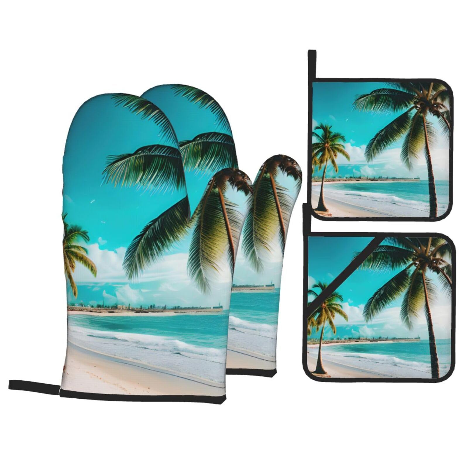 Beach Palm Trees Print 4-Piece Oven Microwaving Set Waterproof Kitchen Gloves for Baking Grilling Cooking
