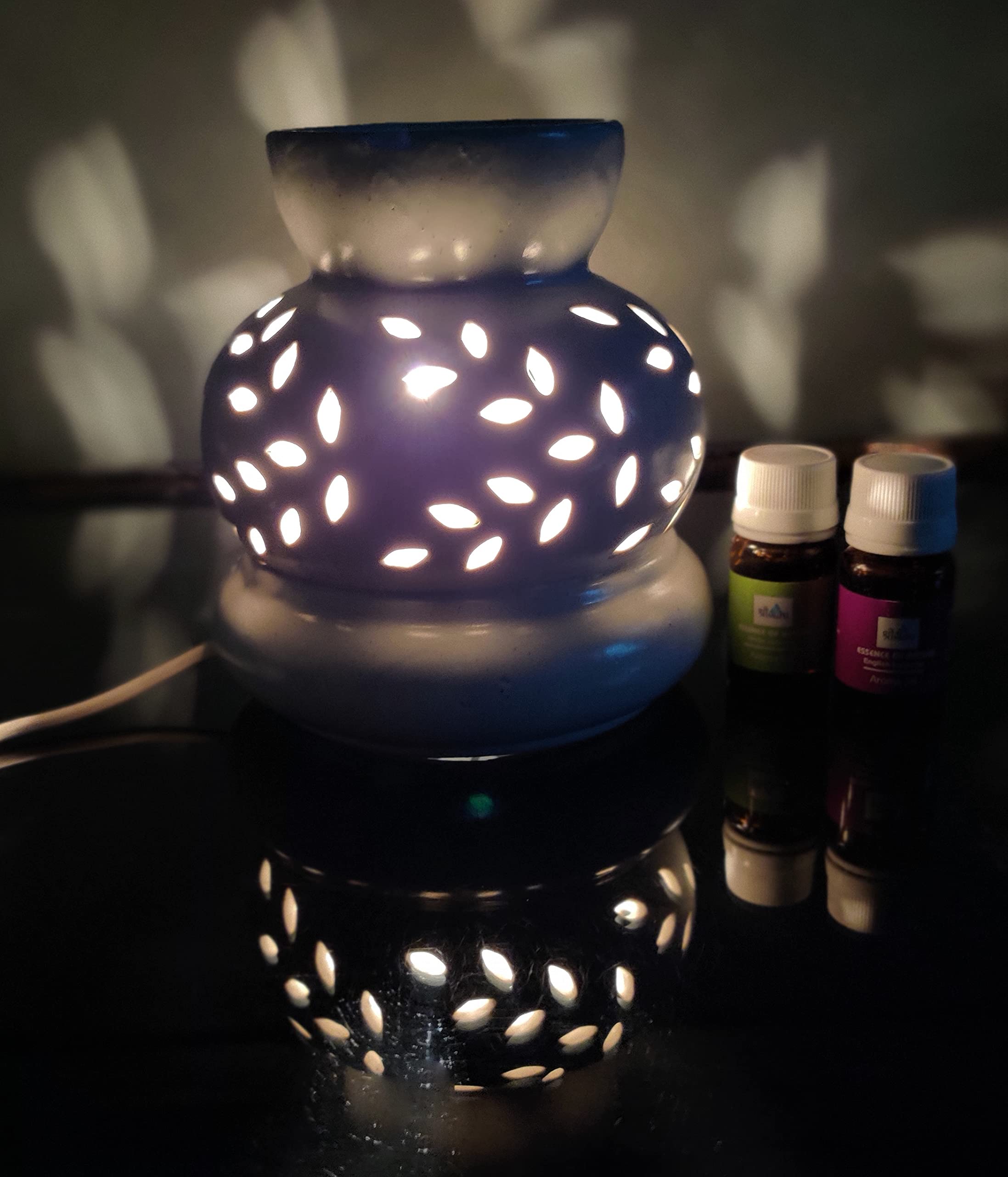 AsiaLily Electric Oil/Aroma Diffuser Set | 5.5 * 5.5 inch White Globe with Leaves Cutting Design | Ceramic Electric Diffuser with 2 Aroma Oil 10ml Each | (White 11, Globe Leaves)