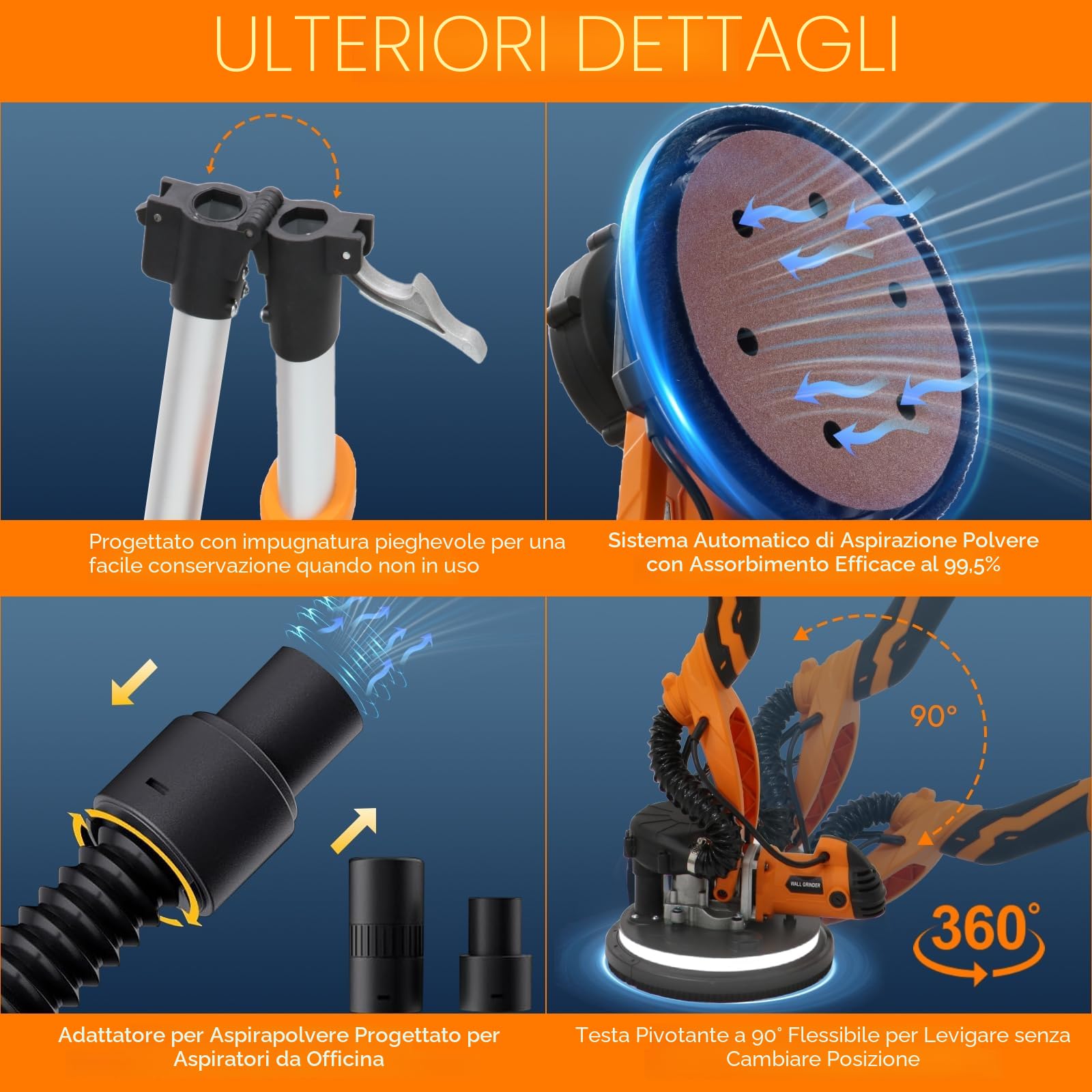 VELPAX Levigatrice per muro telescopica,1250W Levigatrice Muro con Aspiratore, 5 Velocità Variabili 800-1800 giri/minuto, Impugnatura Estensibile, Luce LED, Tubo per La Polvere Lungo