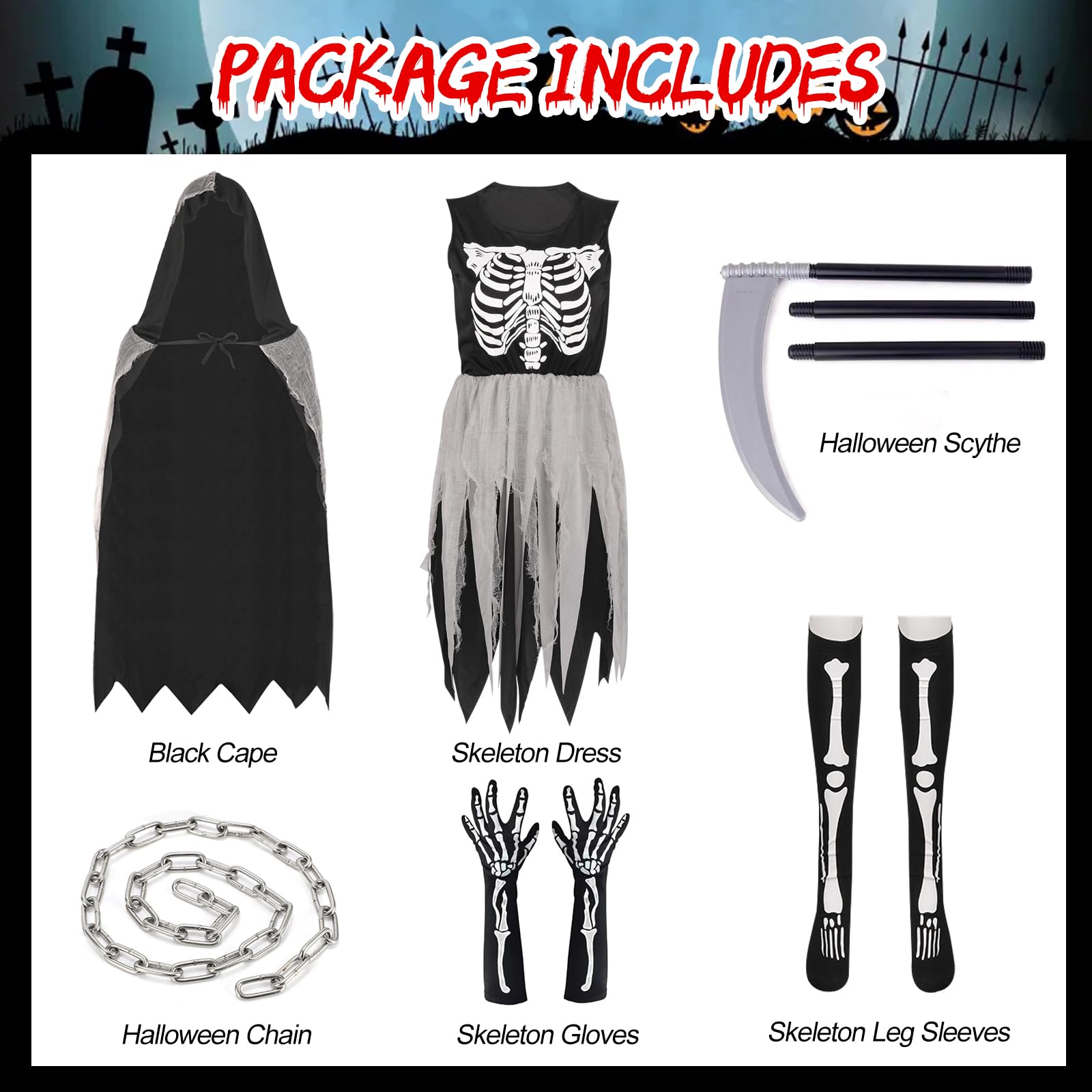 Grim Reaper Costume Kids Girls Skeleton Costume Kids 8-9 9-10 Years Halloween Grim Reaper Robe Death Costume Skeleton Dress Girls Grim Reaper Cloak Black Halloween Scythe Grim Reaper Gloves Skeleton - Image 3