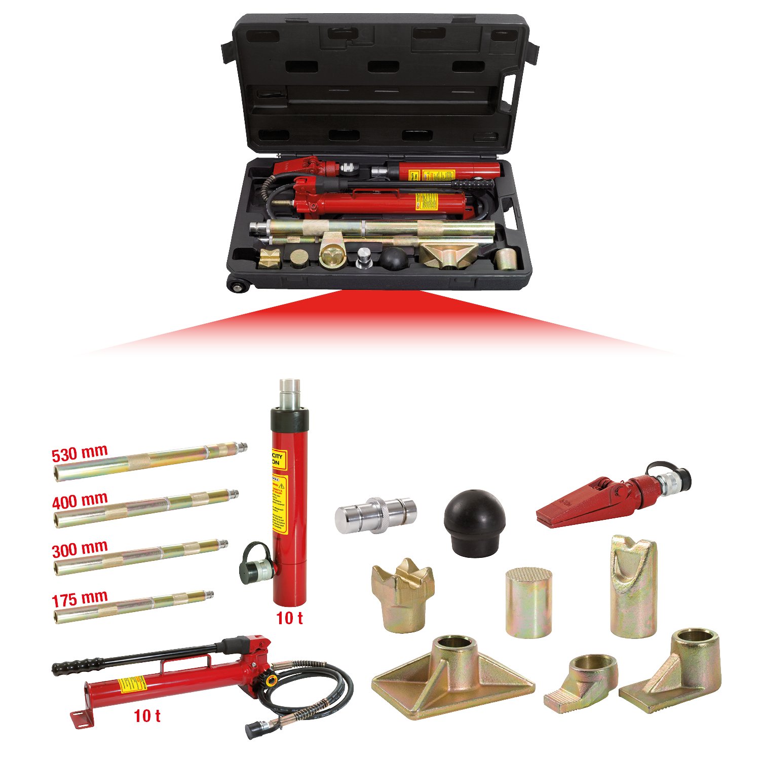KS Tools 160.0175 Hydraulischer KFZ-Richtwerkzeugsatz 10t, 17-tlg.