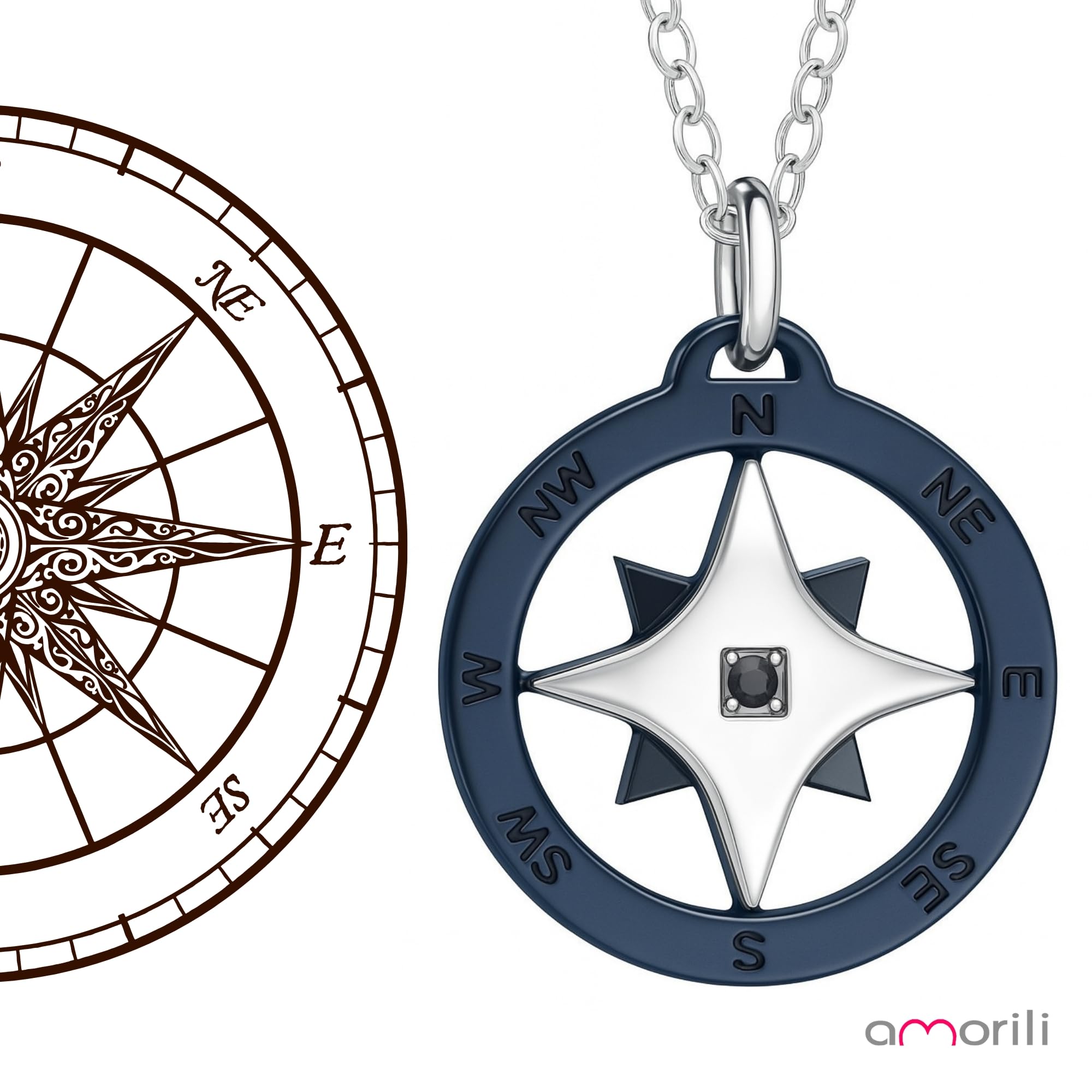 Collana Uomo Rosa dei Venti in Acciaio Inossidabile | Pendente Bussola Nautica | Catena Regolabile Fino a 50 cm | Gioiello Regalo Elegante Stile Marina Militare (y)