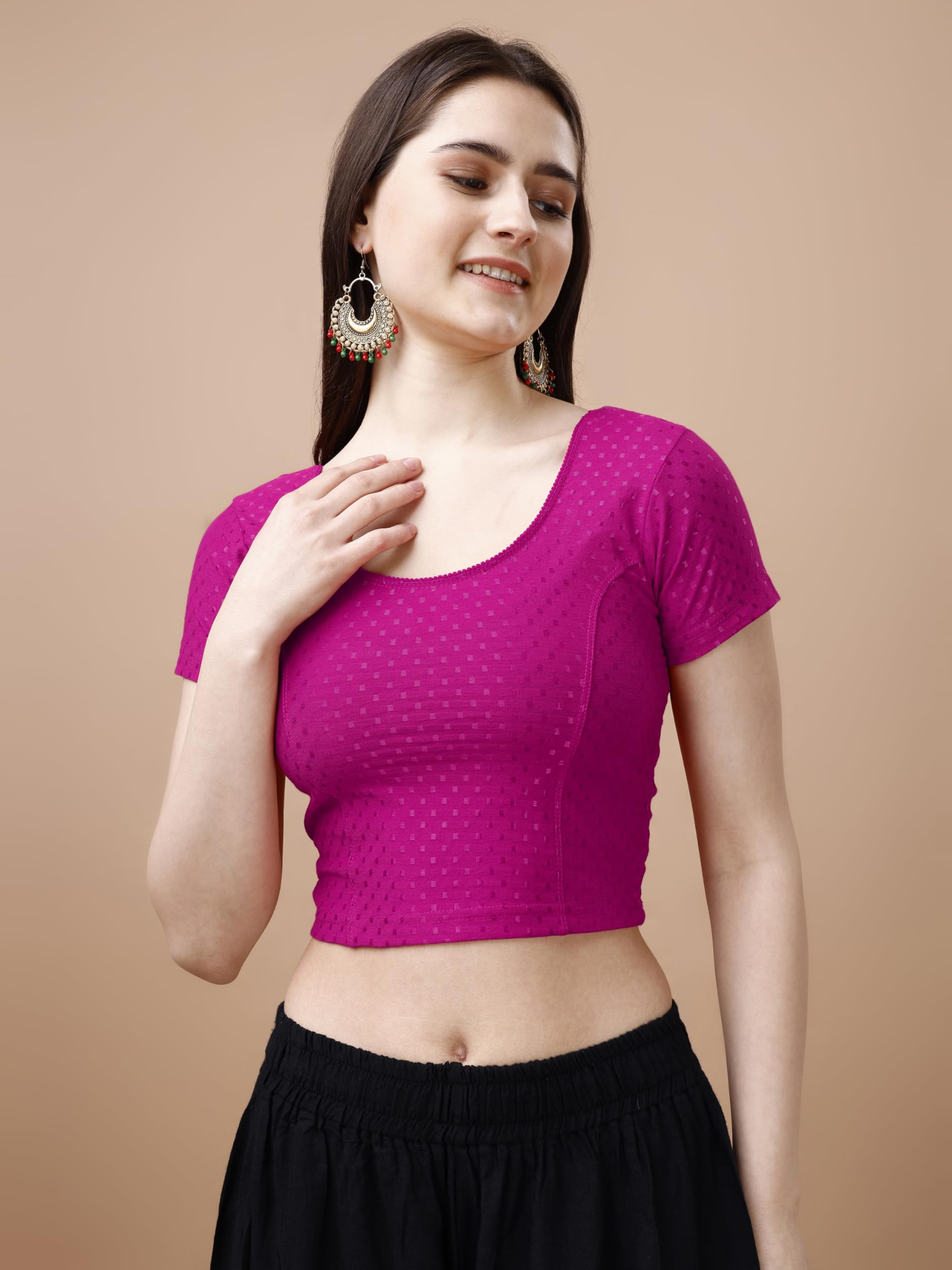 Pujia Mills Women's Readymade Dobby Cotton Lycra Stretchable Round Neck Short Sleeve Blouse Fancy Pink Color Lycra Stretchable Blouse For Women Stylish Readymade Saree Blouse