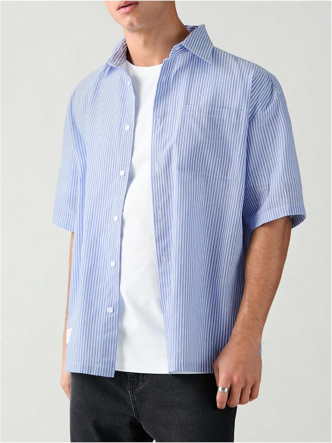 Men's Striped Oversized Tshirts Button Up Letter Patched Half Sleeve Baggy Shirt - Image 2