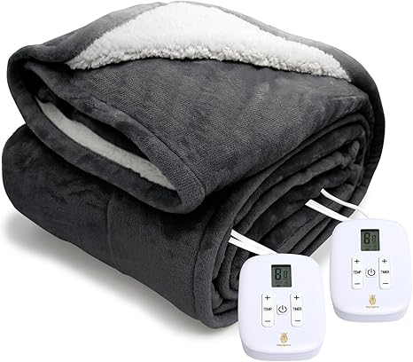 Electric Blanket MicroPlush Sherpa and Reversible Flannel Washable Comfortable (Charcoal, 100 x 90'')