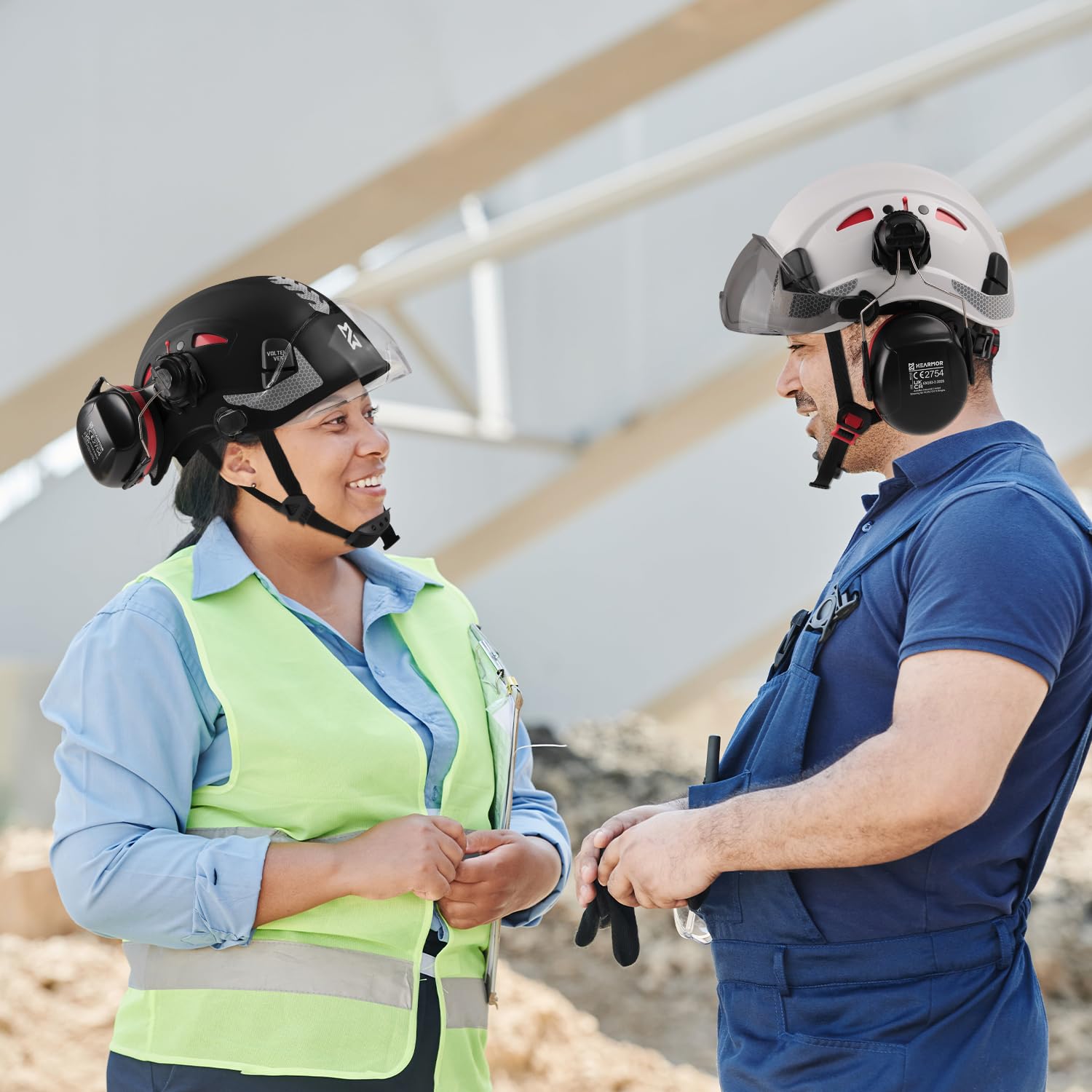HEARMOR 3-in-1 Schutzhelm mit Gehörschutz und Visier, EN 397 zertifizierter Arbeitshelm für Forst-, BAU- und Kletterarbeiten, inklusive tragbarer Tasche und kühlender Helmeinlage