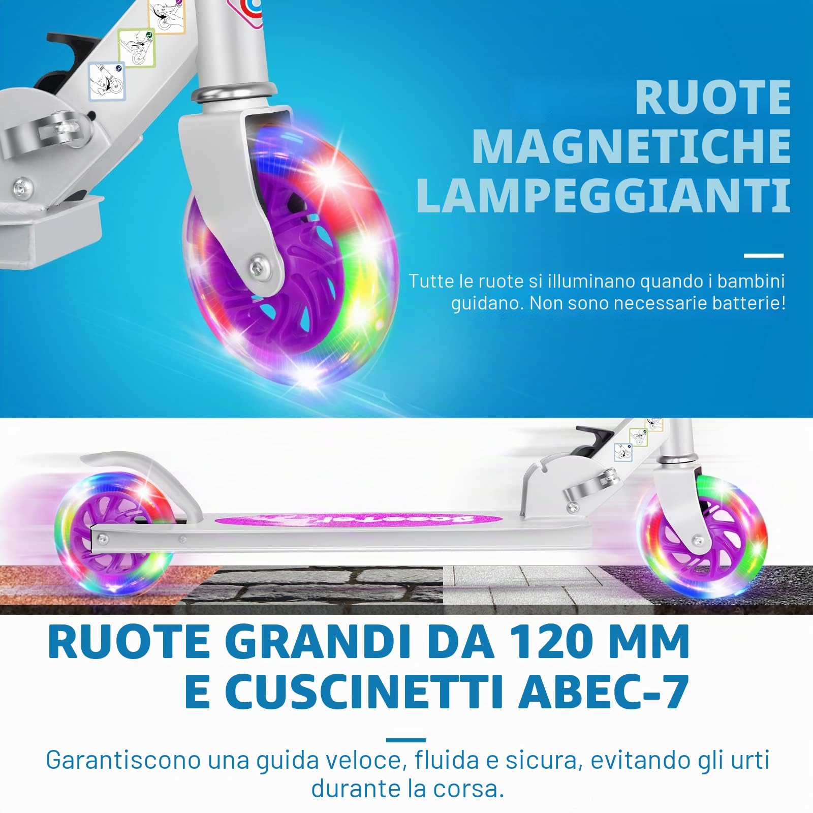 BELEEV V1 Monopattino per Bambino 2 Ruote con Supporto, 3 Monopattini per Bambini Regolabili in Altezza, Monopattino Scooter per Bambina con Il LED Illumina le Ruote per Ragazze e Ragazzo