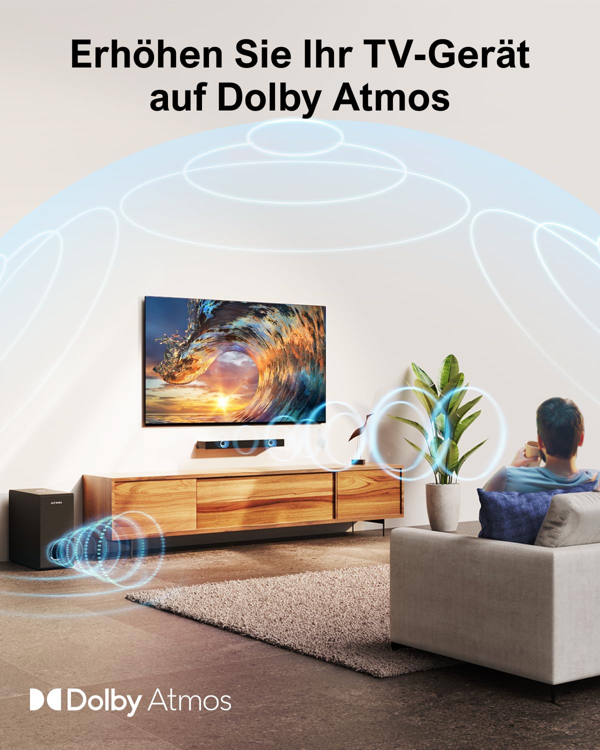 ULTIMEA Soundbar für TV Geräte mit Dolby Atmos, BassMX, 3D Surround Sound System für TV Lautsprecher Heimkino, Soundbar mit Subwoofer, 5.3 Bluetooth PC Sound Bars, 190W Spitzenleistung, Nova S50