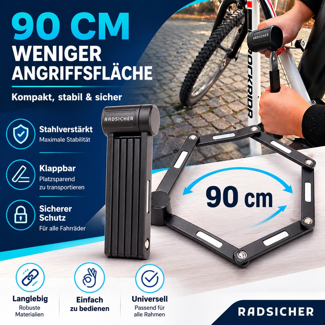 RADSICHER Antivol pliable - Antivol de vélo robuste en acier - Avec support et 2 clés - Antivol pliable sécurisé pour vélo électrique, VTT et vélo de ville