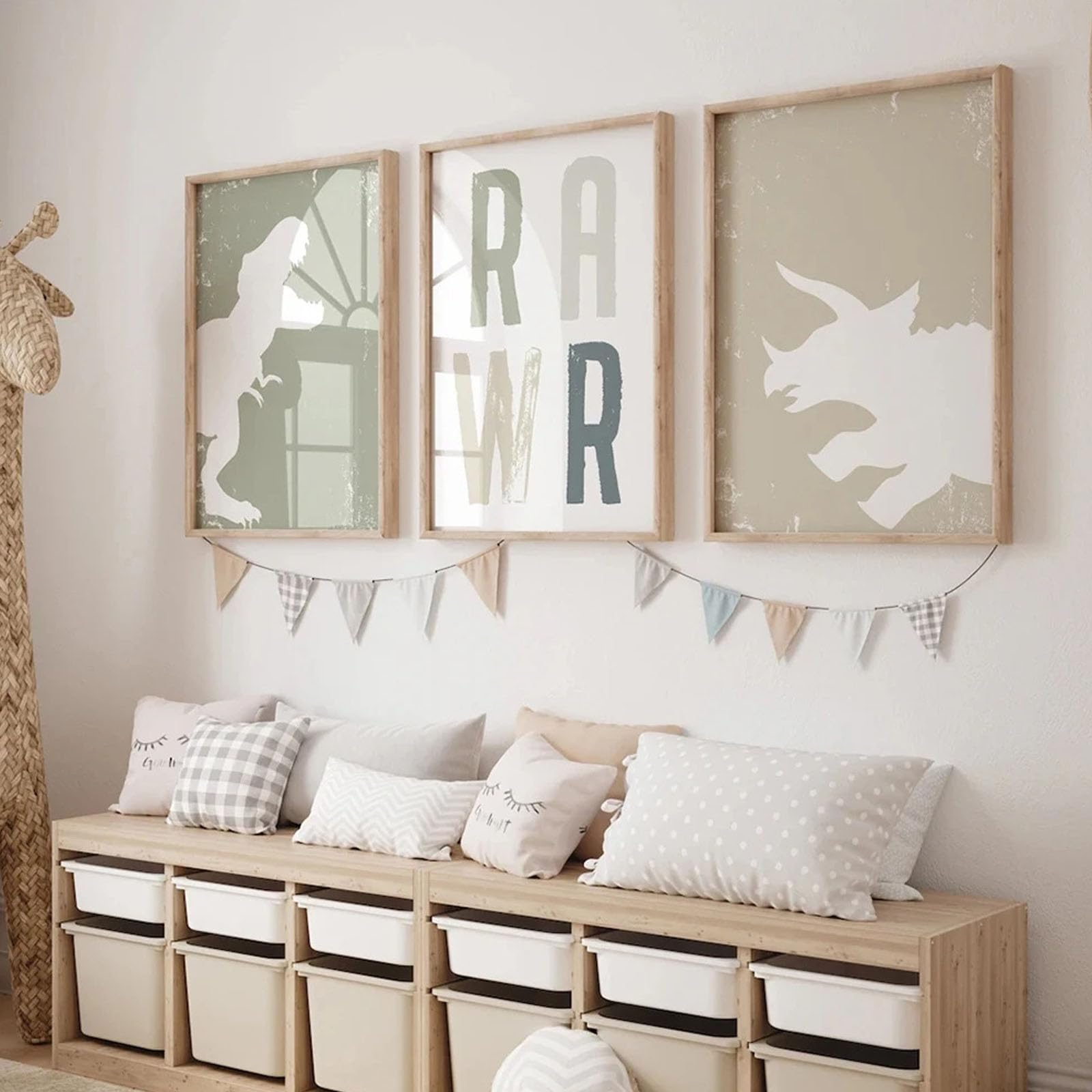 ZBELLO Set of 3 Neutral Dinosaur Canvas Wall Art, Boho Dino Silhouette Posters, Beige Green Unframed Prints for Boys Nursery Kids Bedroom Decor (21x30cm)