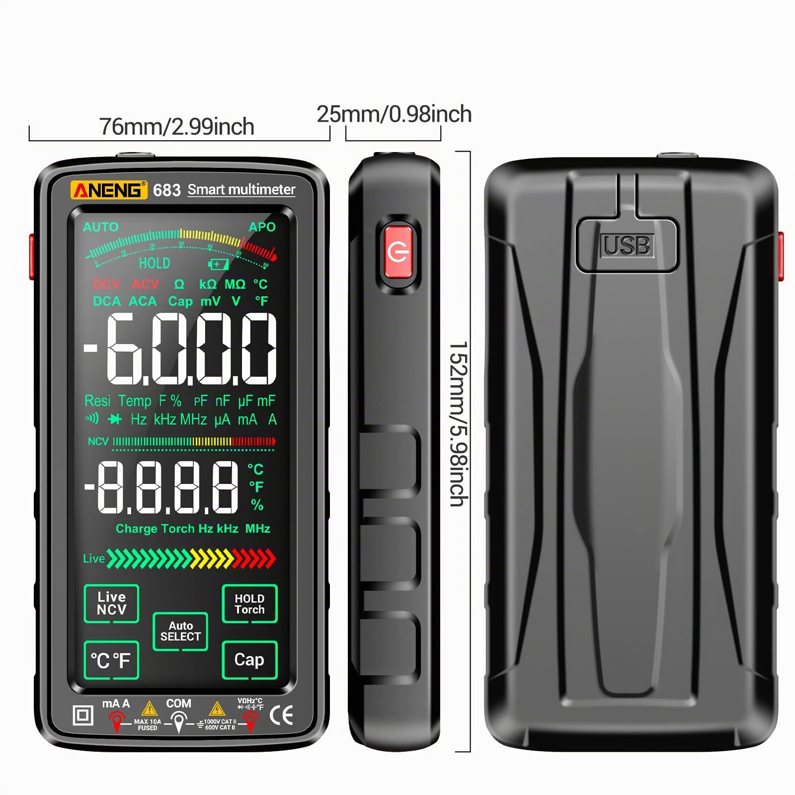683 6000 Counts Großer Touchscreen-Digitalmultimeter Smart Anti-Burn Wiederaufladbares Universalmessgerät VA Reverse Display NCV-Tester mit Taschenlampe für Spannung, Strom, Widerstand,
