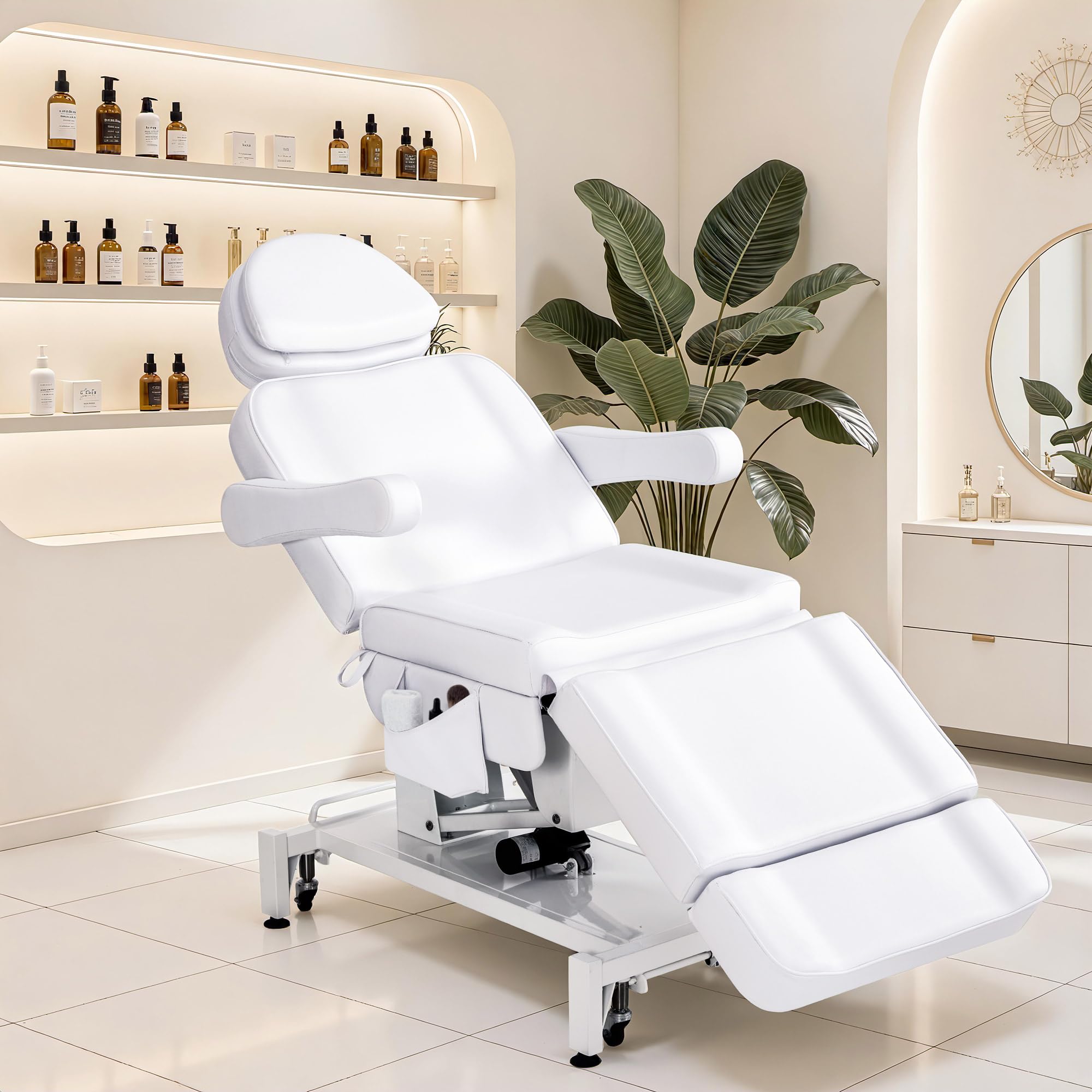 Barberpub Kosmetikliege Elektrisch mit 3 Motoren & Rollen, Massageliege Klappbar & 16CM Höhenverstellbar, 180°Drehbare Armlehnen, Tattoo Liege für SPA Salon 0754 (Weiß/Kunstleder)