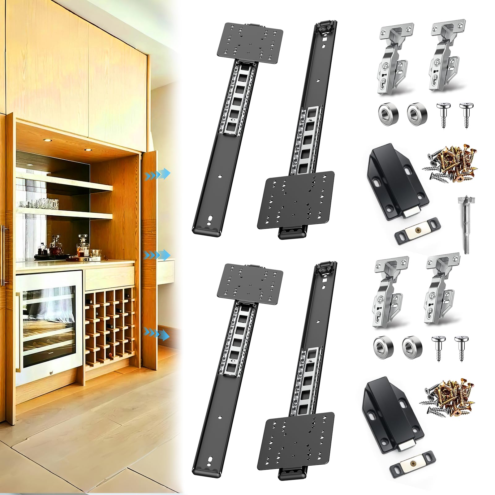 16Inch Cabinet Pocket Door Slides Hardware with Hinges 2Set