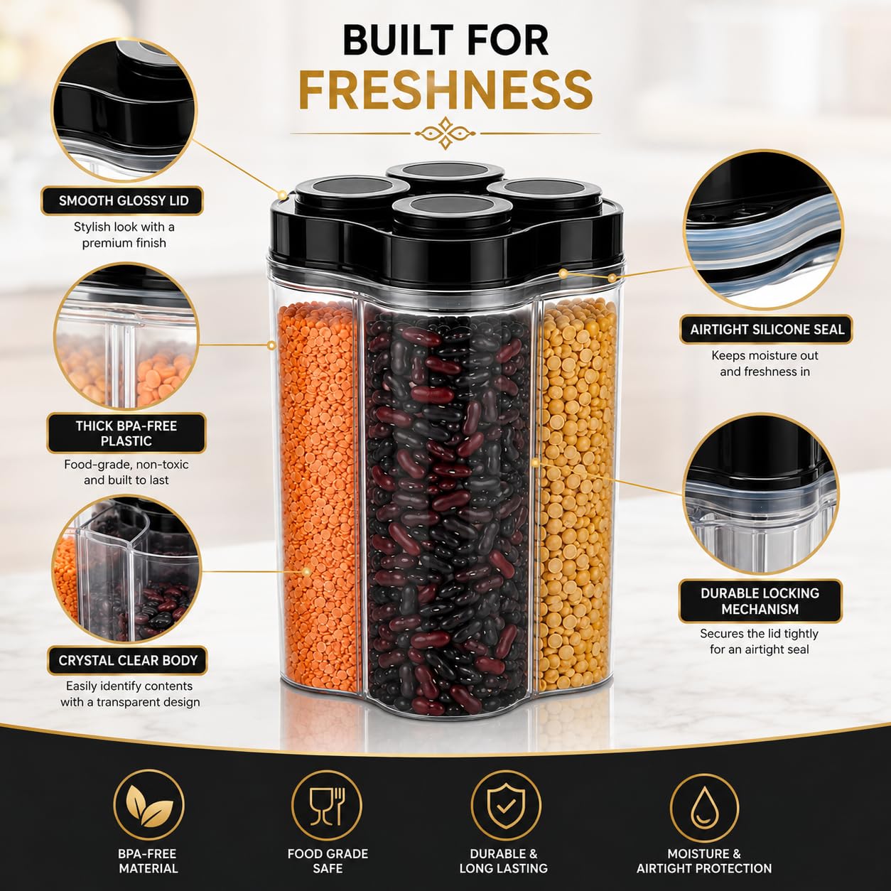 TAZLYN Contenedores 4 en 1 para almacenamiento, caja de almacenamiento de cocina para contenedores de cocina, cajas de cocina para almacenamiento en tarros de cocina y contenedores caja para