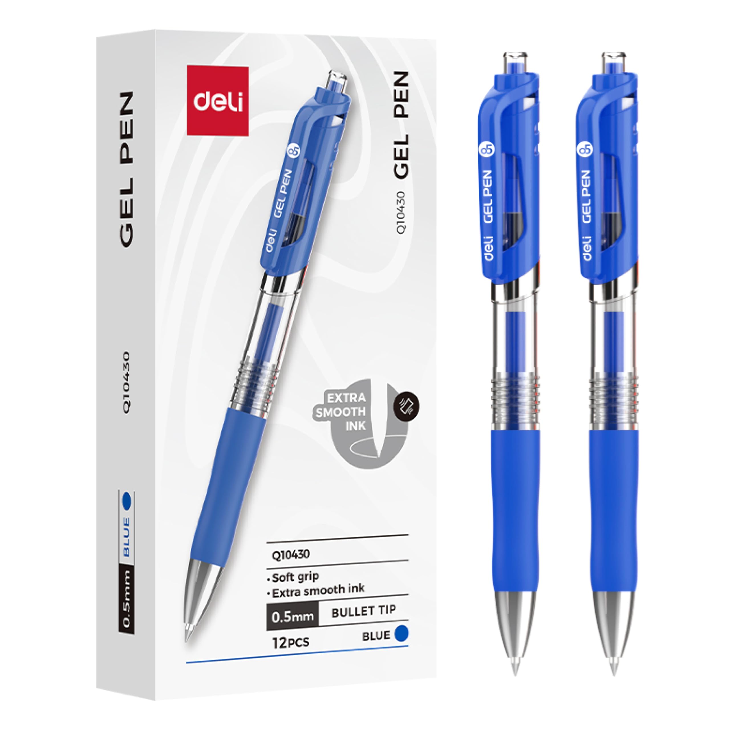 deli Blue Gel Pens 0.5mm - 12 Pack Retractable Smooth Writing Blue Ink Gel Pen with TPR Soft Grip Click Gel Pens for School, Office & Exams
