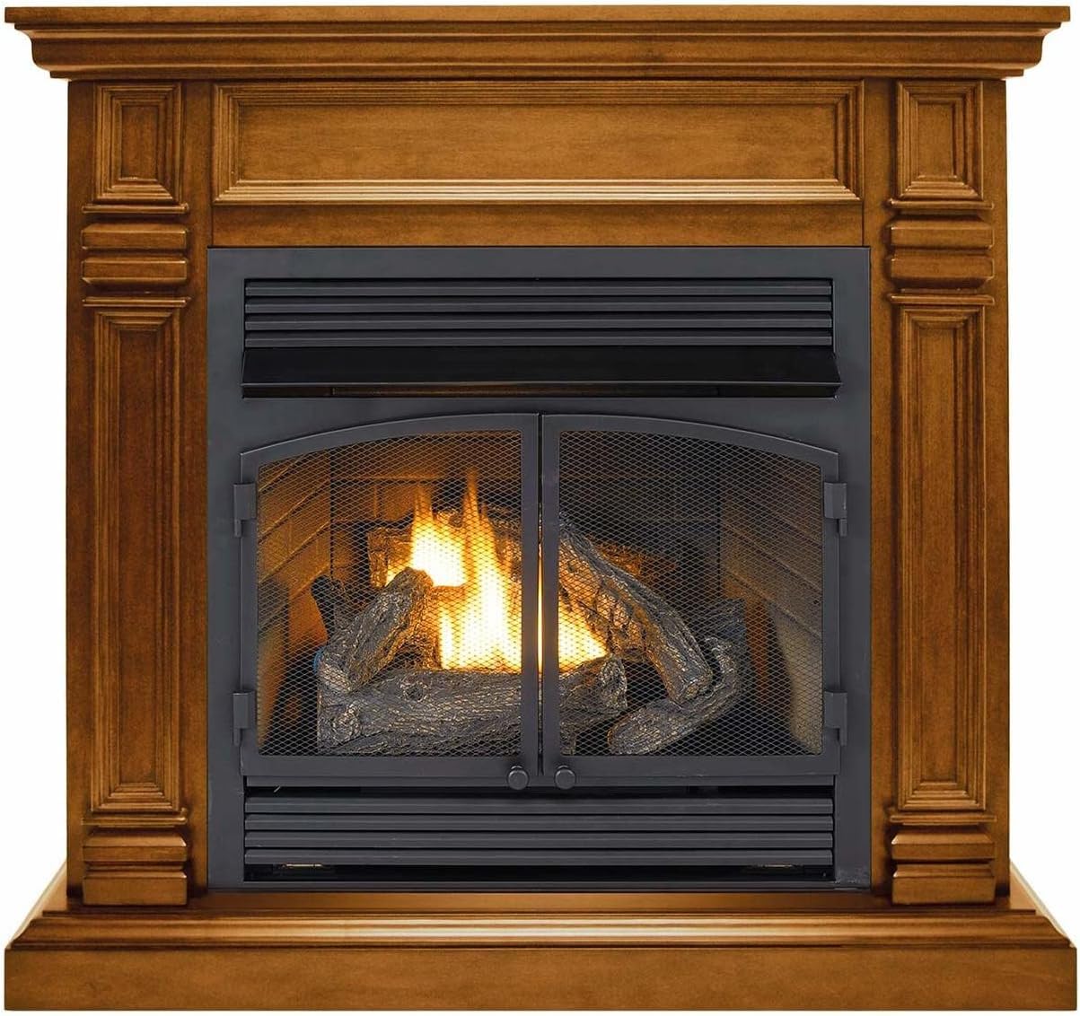 Amazon.com: Duluth Forge Dual Fuel Ventless Gas Fireplace System with  Mantle, Thermostat Control, 6 Fire Logs, Use with Natural Gas or Liquid  Propane, 32000 BTU, Heats up to 1500 Sq. Ft., Apple
