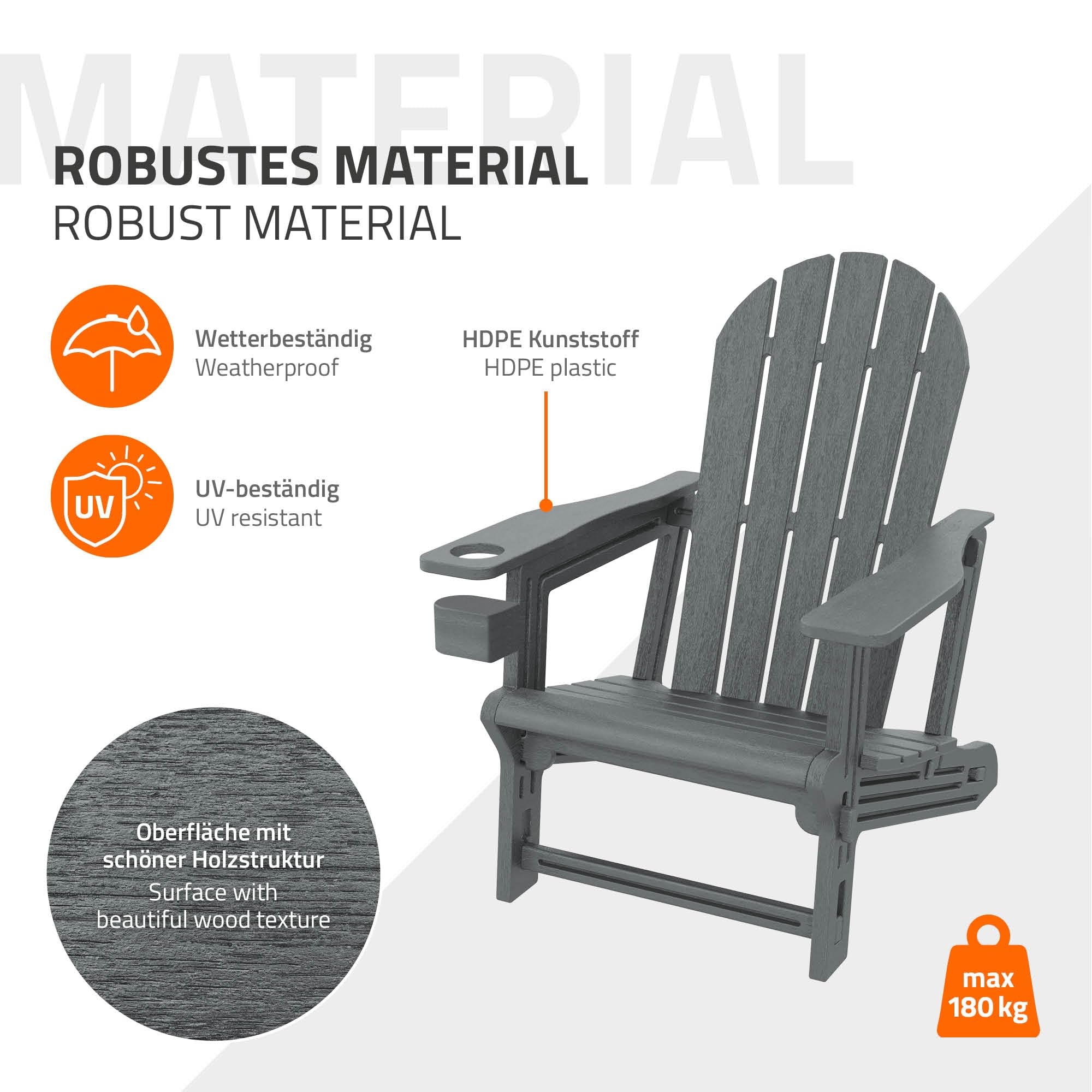 ML-Design Silla Adironack con Portavasos, Gris, Sillón de Jardín de Plástico con Aspecto de Madera, Mecedora Resistente a la Intemperie, Asiento con Respaldo, Tumbona de Exterior Mueble para Patio