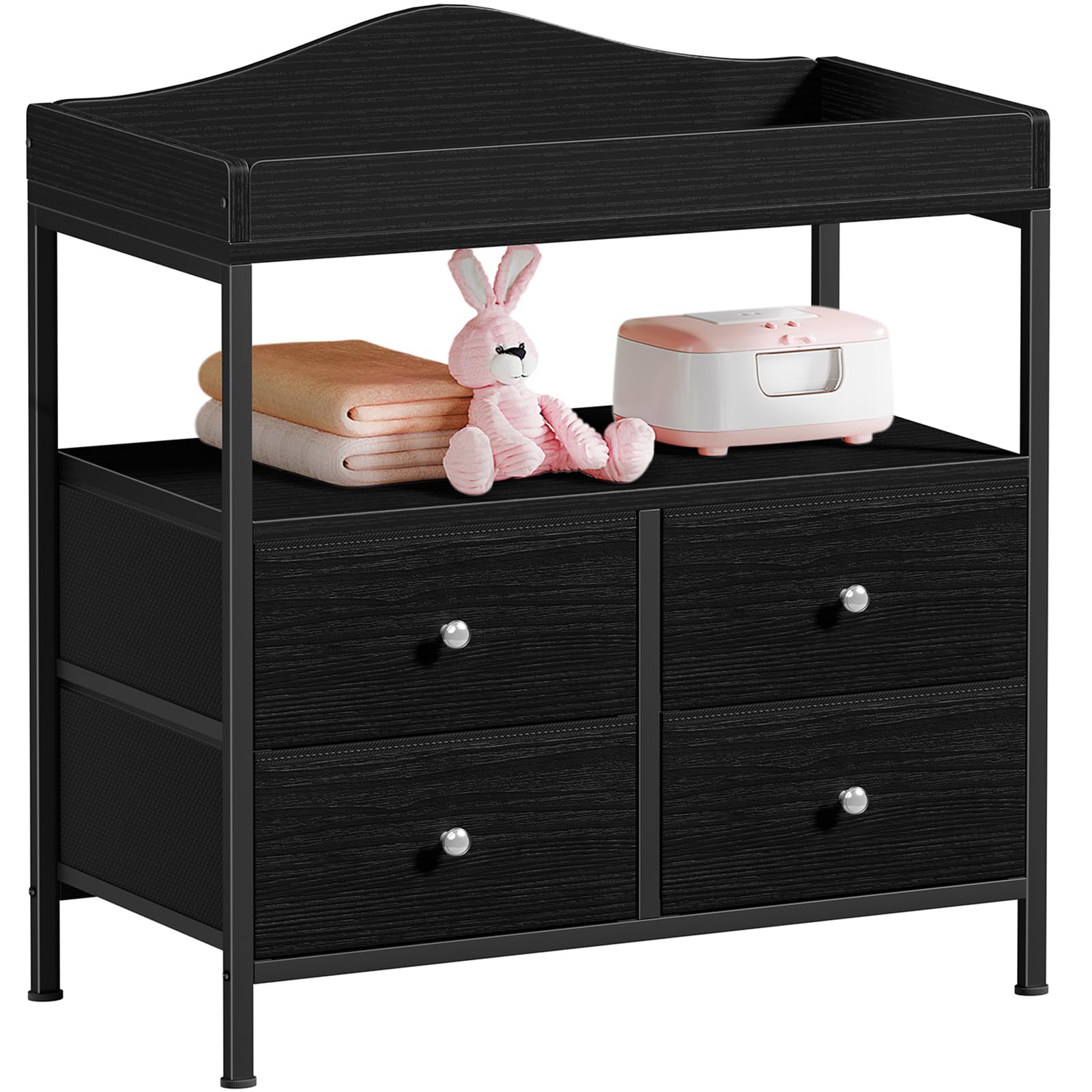 BOLUO Black Changing Table Dresser with 4 Fabric Drawers and Open Shelf, Baby Dresser with Changing Table Top Diaper Changing Station with Storage for Nursery Modern-picture-14