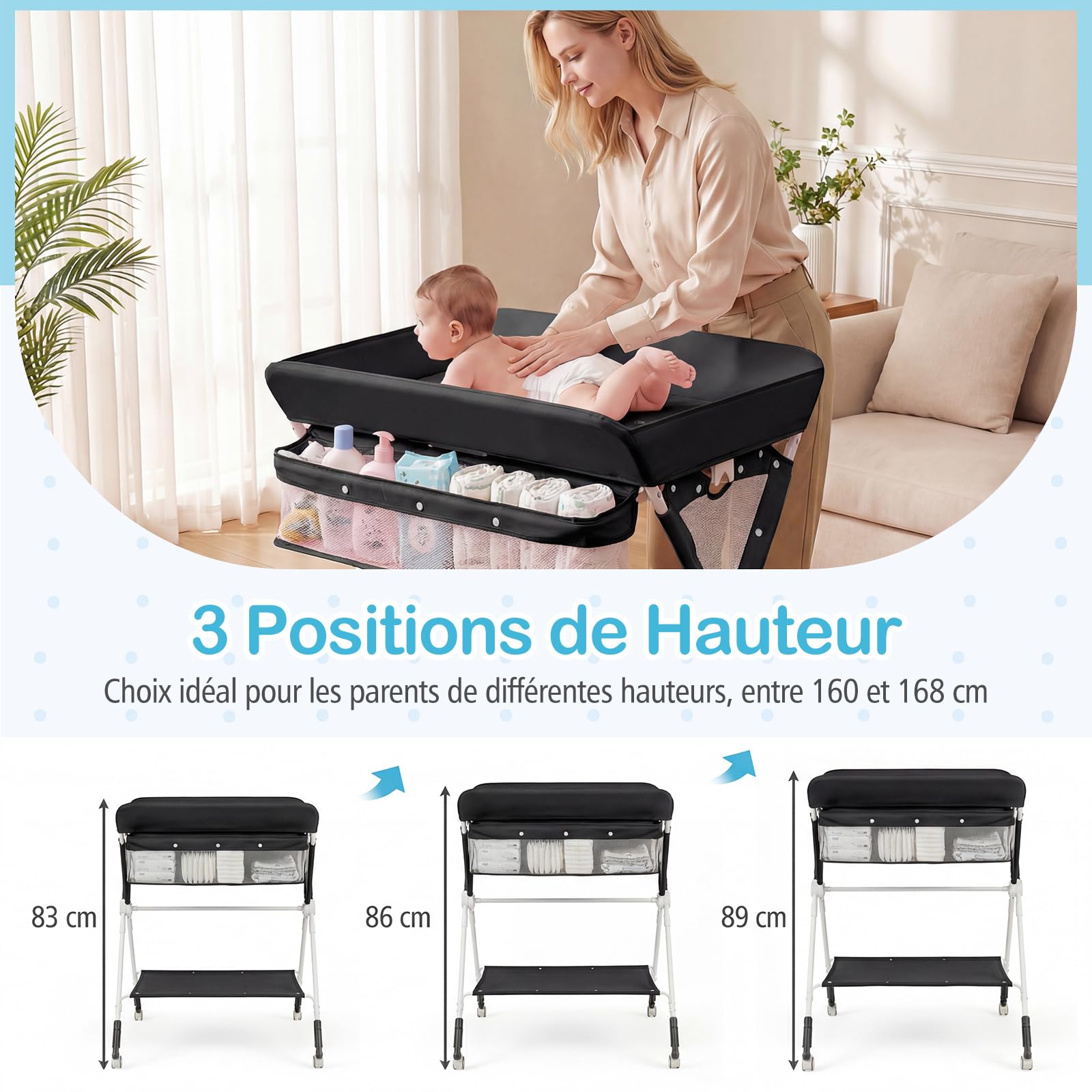 COSTWAY Table à Langer Pliante pour Bébé, Table à Langer Portable Réglable en Hauteur sur 3 Niveaux avec Roulettes Étagère et Panier, Station Organiseur Mobile pour Nouveau-nés (Noir)