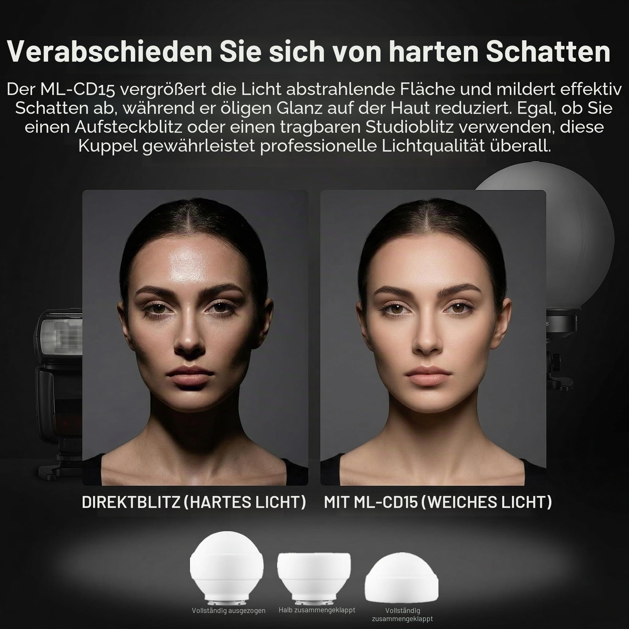 Godox ML-CD15 Soft Dome Diffuser Kit mit 3 Adaptern, kompatibel mit Godox V100, V1 Pro, AD200Pro II, AD100Pro, AD300Pro, AD400Pro, V860III, ML30, ML30Bi, ML100Bi, ML100R, ML60Bi, ML60IIBi und mehr