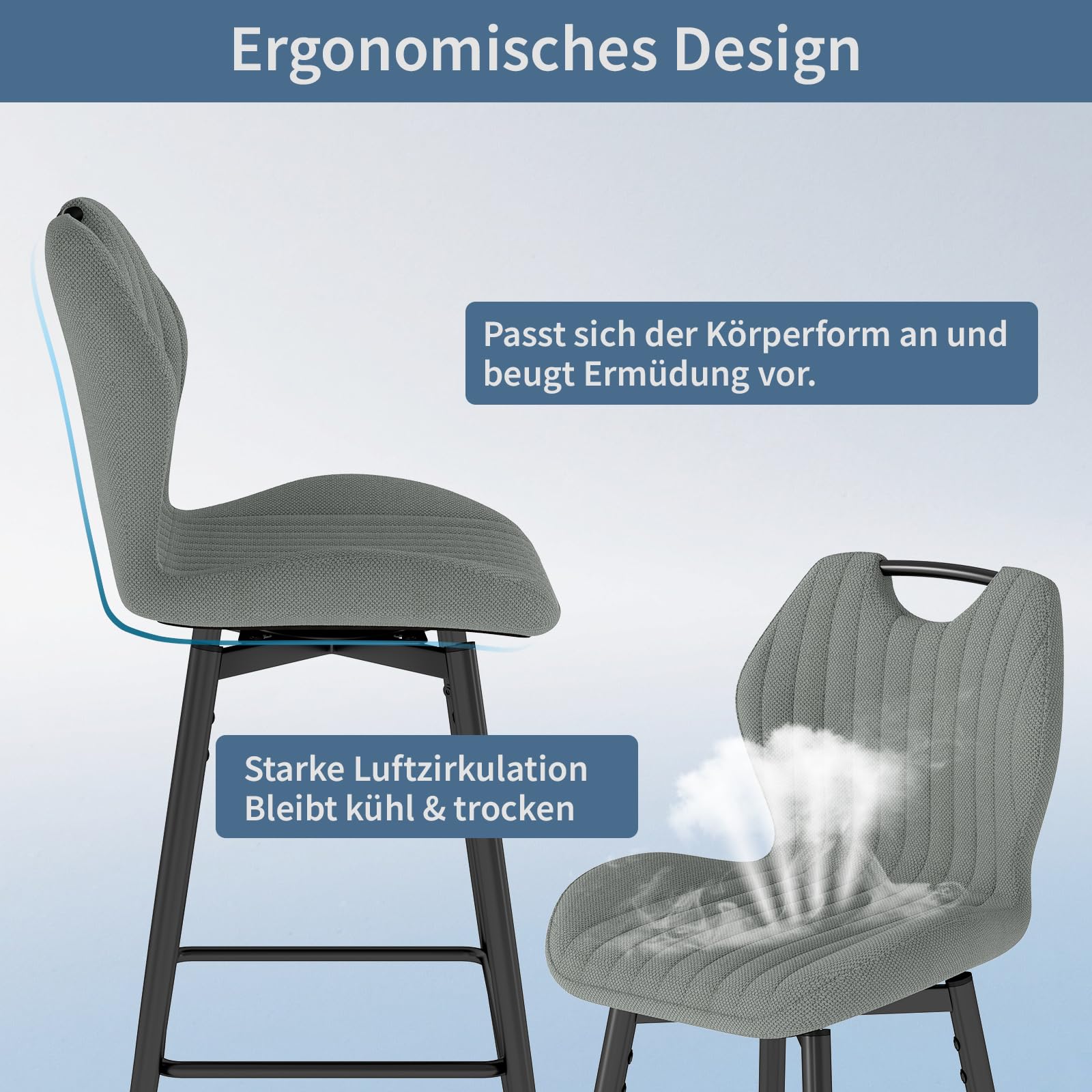 WAFTING 360° Drehbar Barhocker 2er Set, 75cm Sitzhöhe, Atmungsaktiver Barstuhl mit Griff, aus Stoff, Gepolstert, mit Lehne & Fußstütze, für Küche, Theke, Esszimmer, Dunkelgrau
