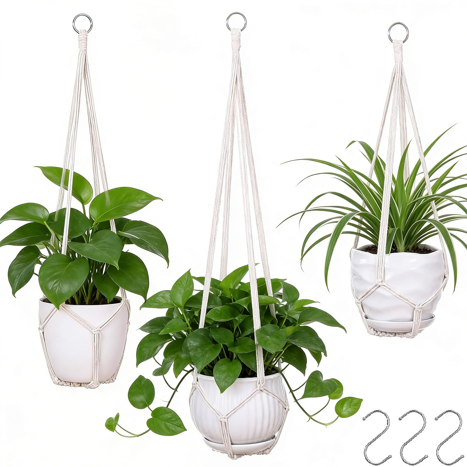 YIBOT 3 Pack Macrame Plant Hanger Indoor Hanging Planter for Plants Holder with 3 Hooks, 35"/29"/23" Size No Tassels for Boho Home Decor, Ivory (POTS