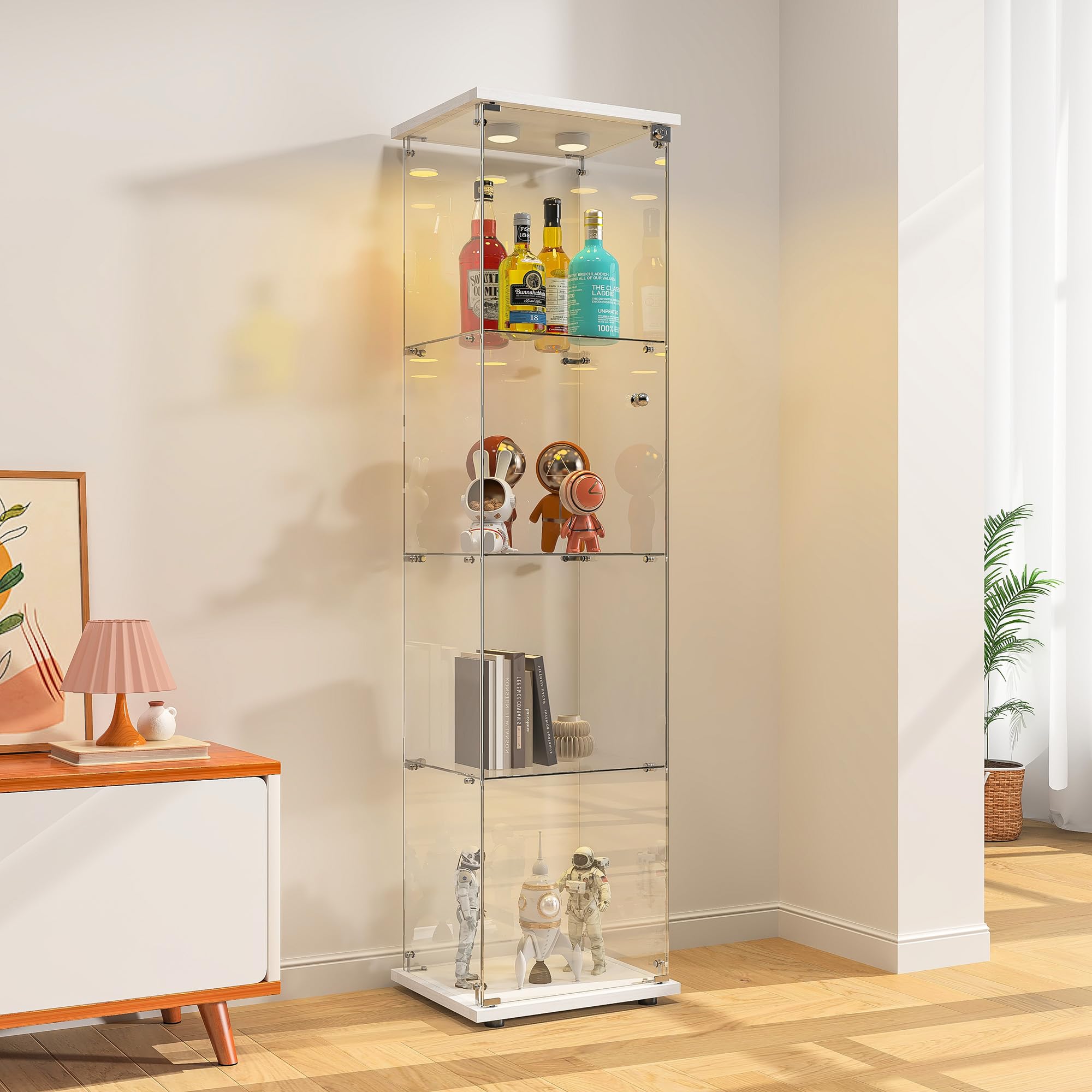 Vitrine en Verre avec LED,Armoire Vitrine pour Collection,1 Portes à Serrure,4 Étagères Adjustables, 164x42x36cm, Blanc