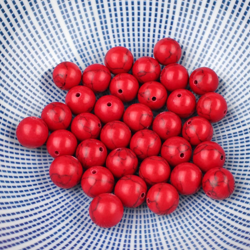 MJDCB 12mm 30 piezas Cuentas de Piedra Turquesa Rojo Sintéticas Redondas Sueltas Piedras Semipreciosas para Hacer Joyas Pulseras Collares — view 7