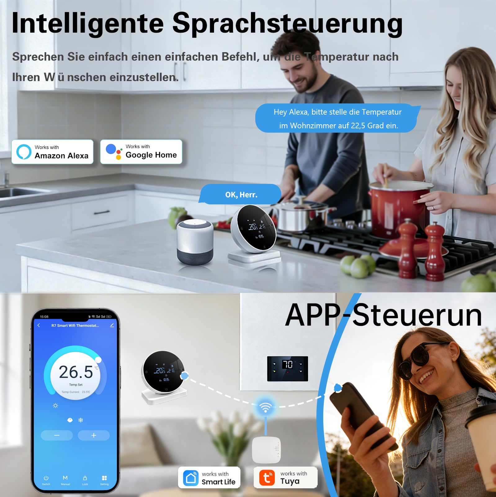 Thermostat Fussbodenheizung Smart für Wasser Fußbodenheizung und Gaskessel | Mit Empfänger Digital Kühlen/Heizen Wlan Programmable Tuya Smart Raumthermostat Boiler/Wasser fur Alexa/Google Assistant,3A