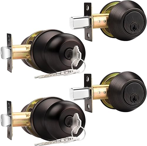 Probrico - Paquete de 2 juegos combinados de cerraduras pomo y cerrojos de cilindro simple color bronce ennegrecido para puerta de entrada y portón